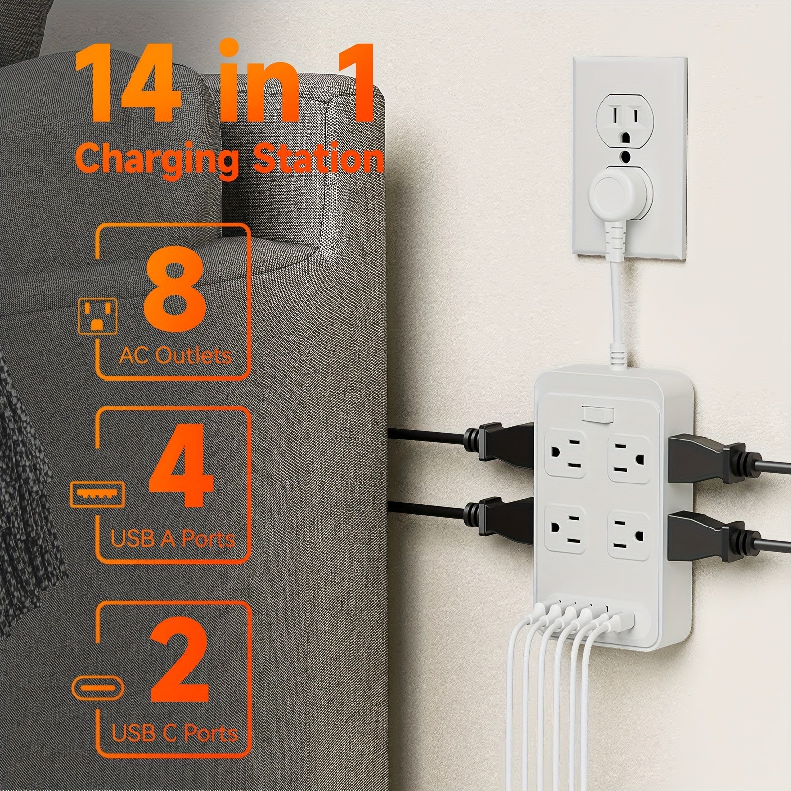 Compact Surge Protector Power Strip with 8 AC Outlets & 6 USB Ports (4 USB A & 2 USB C), 3-Inch Short Extension Cord, 45° Right Angle Flat Head Design for Home, Office, Dorm, and Travel, Dorm Room Organizer | Modern Tech Acc