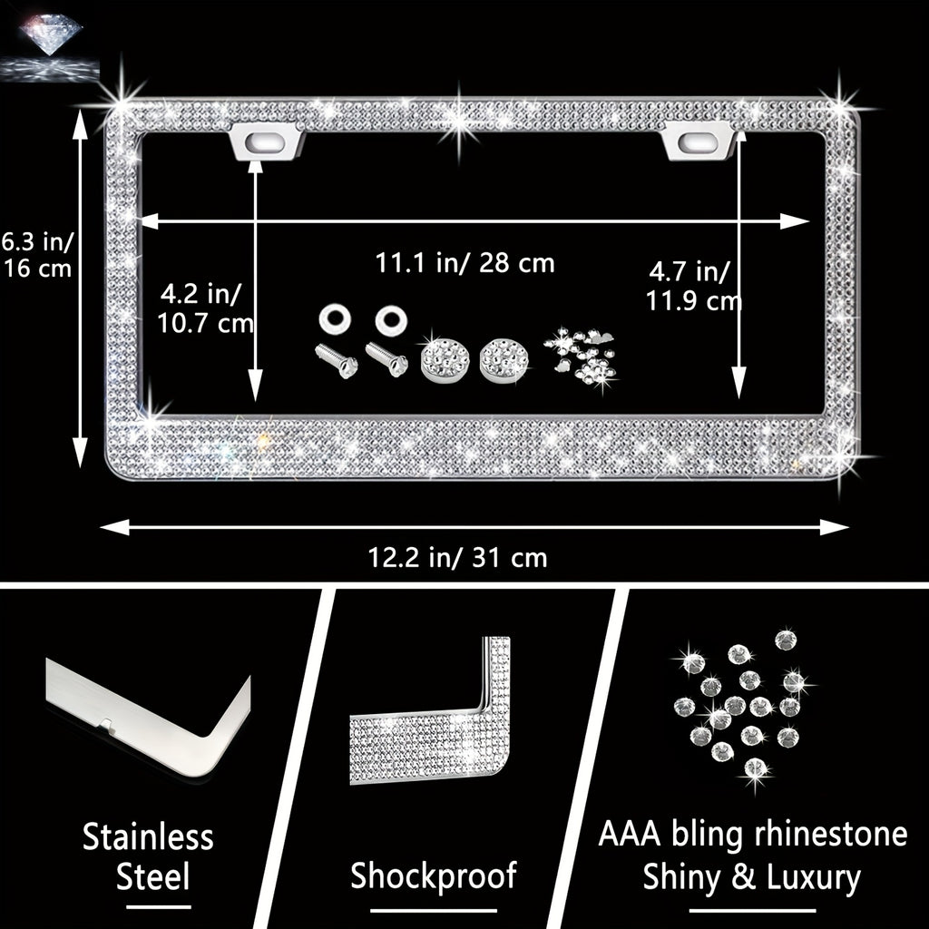 27pcs Bling Car Accessories Set for Women, Bling Steering Wheel Covers Universal Fit 15 Inch, Bling License Plate Frame, Bling Car Phone Holder, Bling Car Coasters, Bling Car Fast Charger, Bling Valve Caps