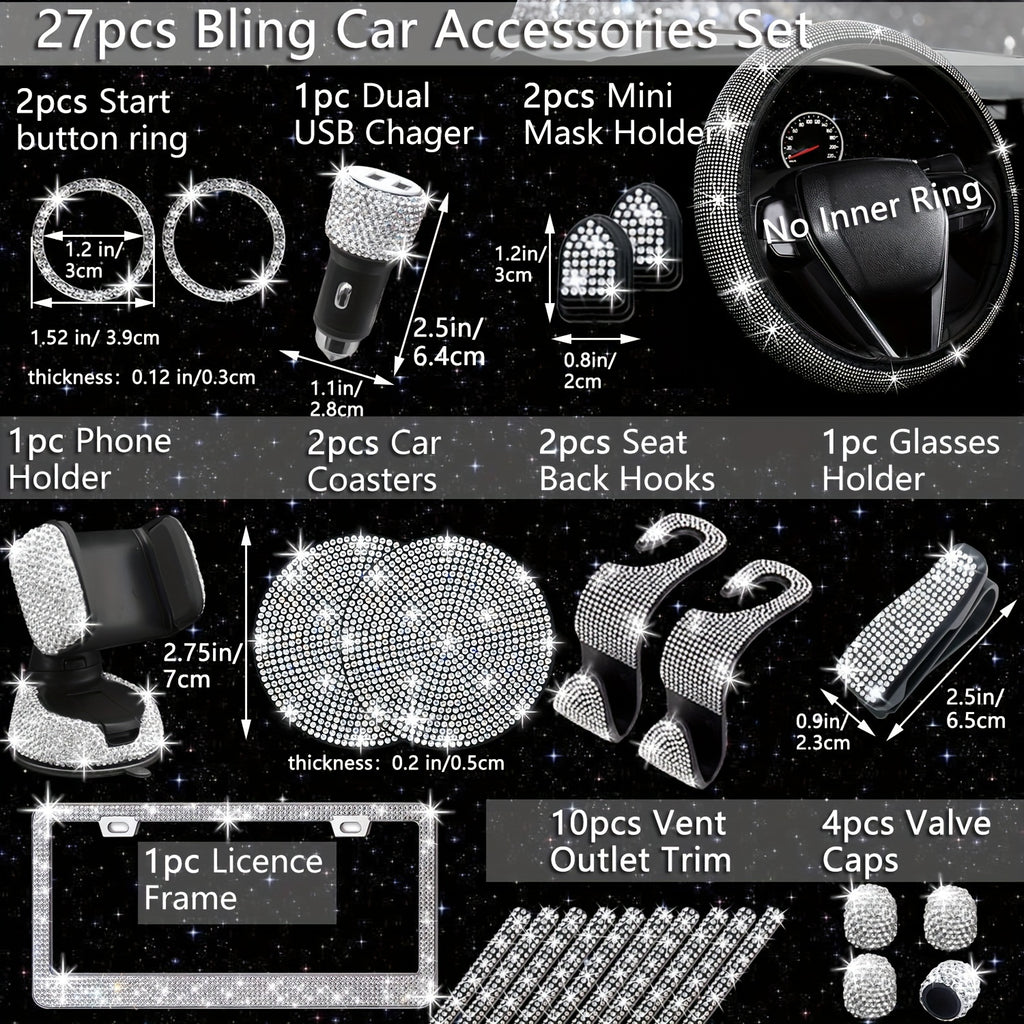 27pcs Bling Car Accessories Set for Women, Bling Steering Wheel Covers Universal Fit 15 Inch, Bling License Plate Frame, Bling Car Phone Holder, Bling Car Coasters, Bling Car Fast Charger, Bling Valve Caps