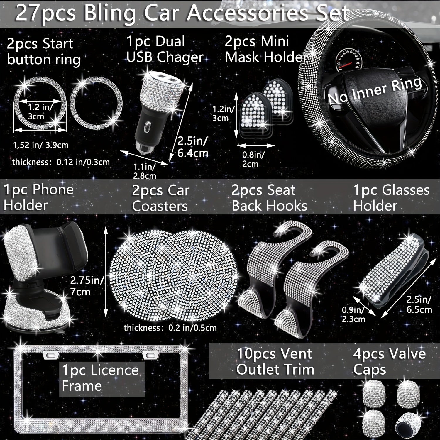27pcs Bling Car Accessories Set for Women, Bling Steering Wheel Covers Universal Fit 15 Inch, Bling License Plate Frame, Bling Car Phone Holder, Bling Car Coasters, Bling Car Fast Charger, Bling Valve Caps