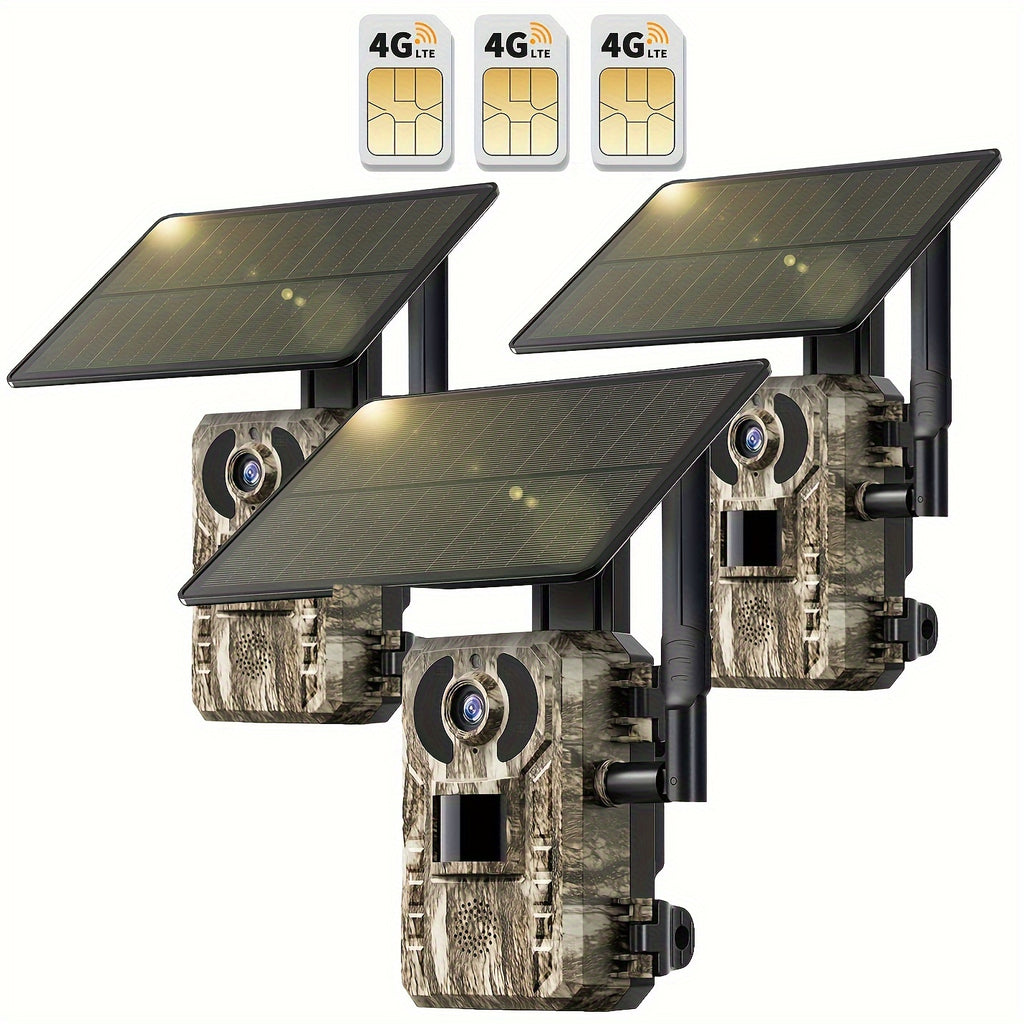3pcs 4G LTE Cellular Trail Camera/2pcs 4G Camera/1pcs 4G Camera, With 2.7K Real-time View, Night Vision, Built-in SIM Card, Remote Phone Access, 0.2S Sports Activation, With Solar Panel, Suitable For Remote Areas Such As Moun