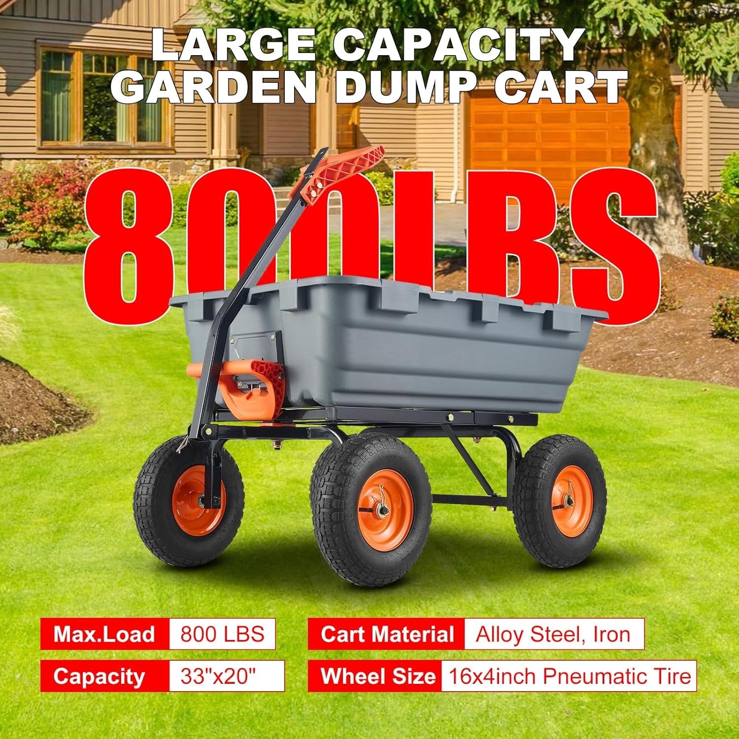 800 Lbs Heavy Duty Garden Dump Cart with Steel Frame & 10" All-Terrain Tires - 4-Wheel Manual Yard Cart, 180° Rotating Handle & Quick-Release System for Soil, Sand, Plants, Mulch, Gravel - Ideal for Farm, Beach, Courtyard Us