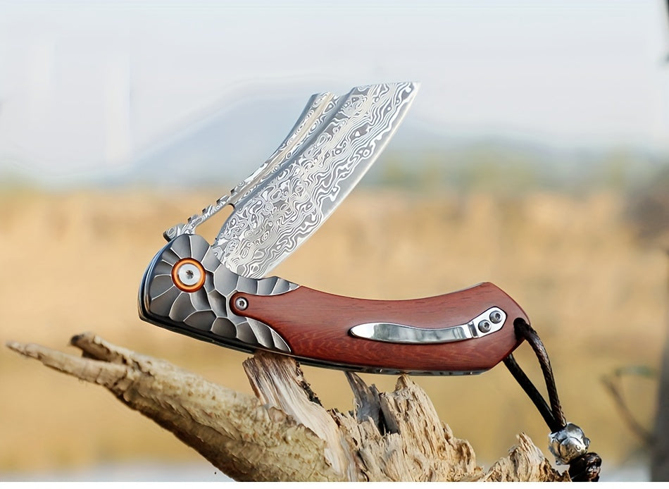 1PC High Quality Handmade Damascus Steel Folding Pocket Knife With Leather Sheath, Pocket Back Clip, Rosewood Handle, Men's EDC Pocket Knife, Outdoor Camping, Mountaineering Adventure, Traveling Fishing Tool Knife