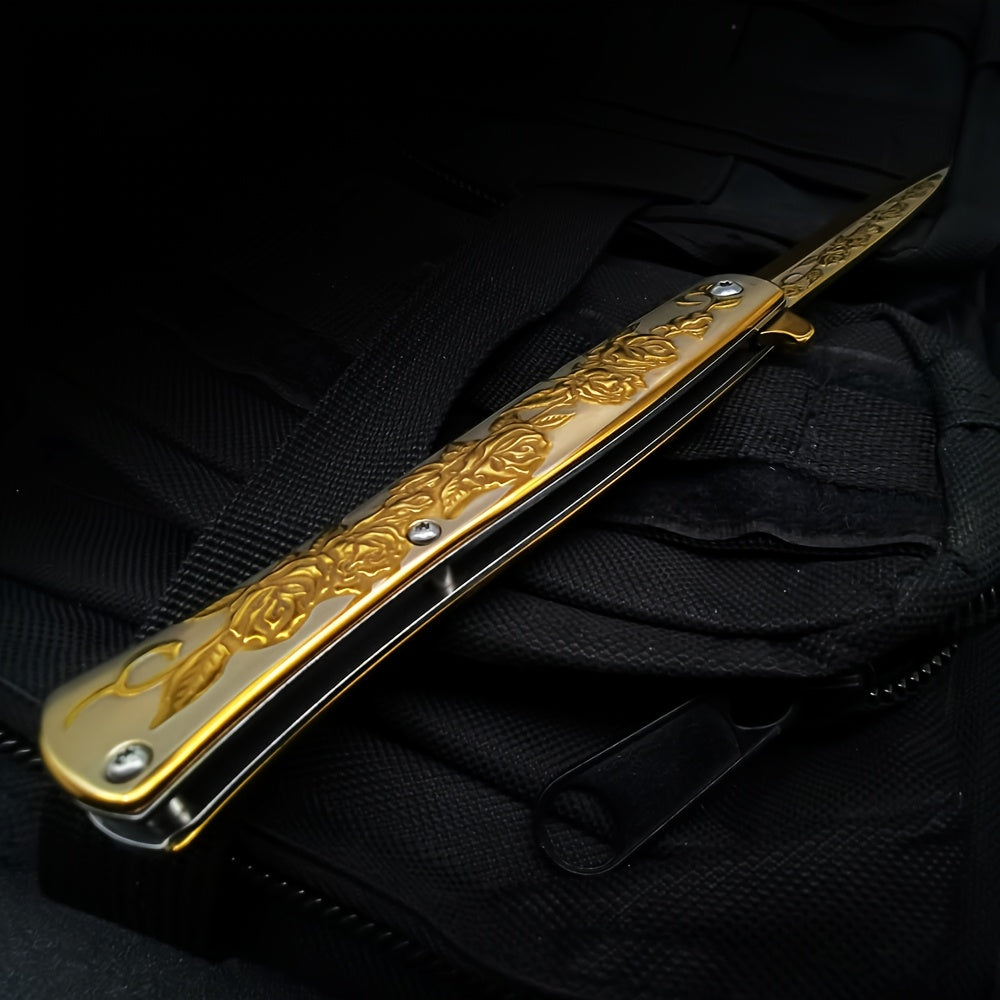 Taumas Golden-Tone Pocket Knife with Rose Engraving, Foldable Design & Back Clip - Perfect Gift for Men