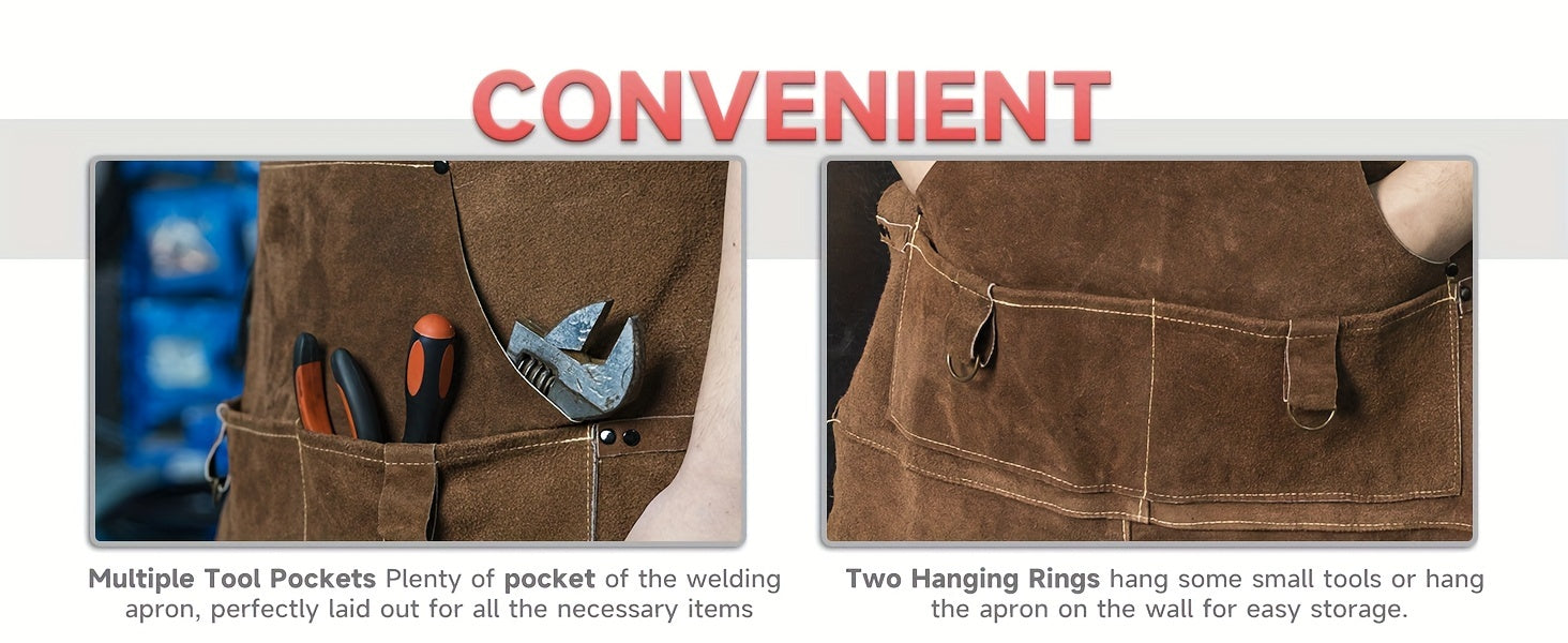 YESWELDER Leather Welding Work Shop Apron With 6 Pockets Heat Flame Resistant Cowhide Welder Apron Heavy Duty Blacksmith Aprons Adjustable For Welders Men Women Length 41"