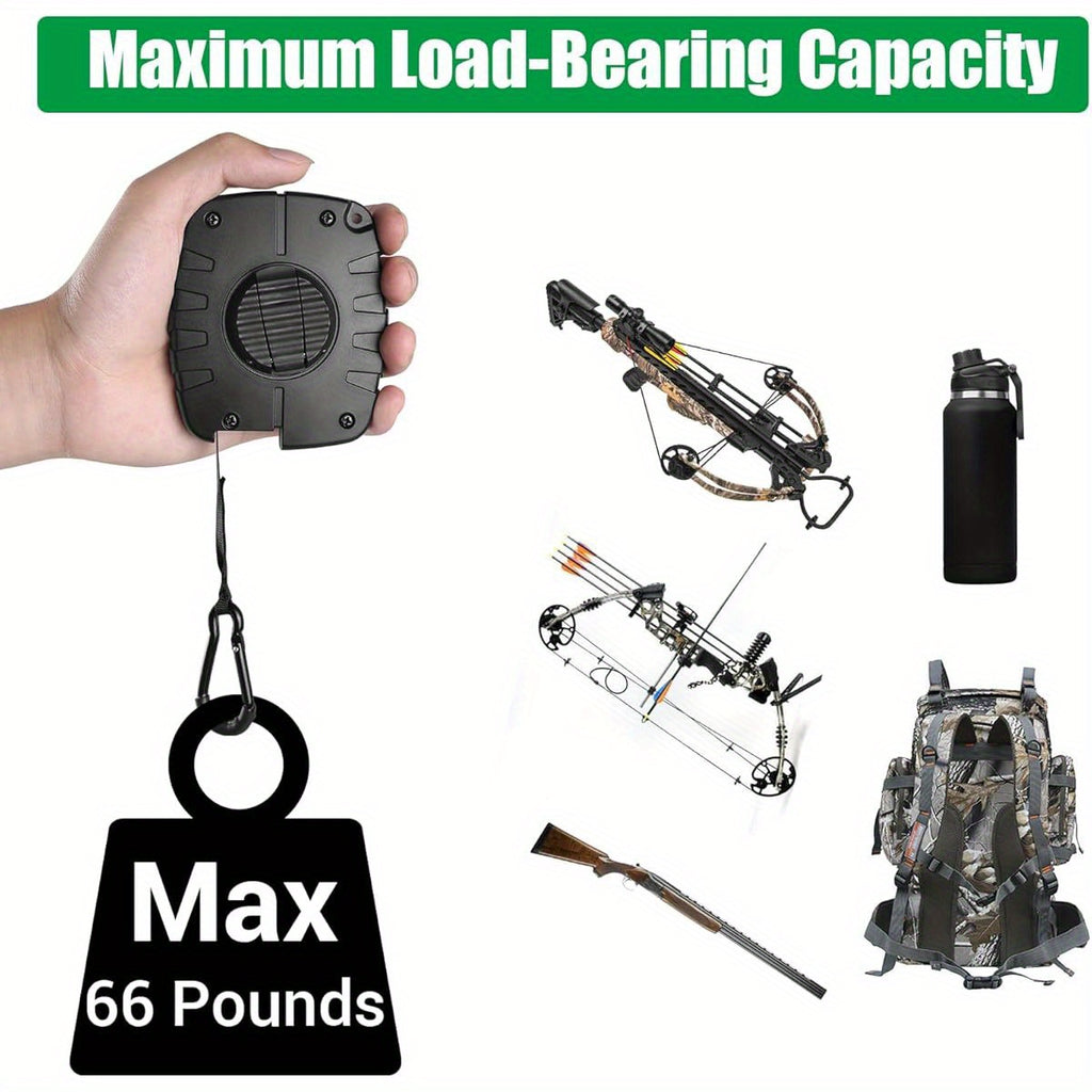 FUNANASUN 33ft Heavy-Duty Retractable Bow Hoist with 66lb Load Capacity - Ergonomic Handle, Secure Carabiner & Quick-Release Rope for Bow Hunting, Tree Stand, Archery, Deer Hunting Accessories, Bow Hunting Gear, Sleek Metalli