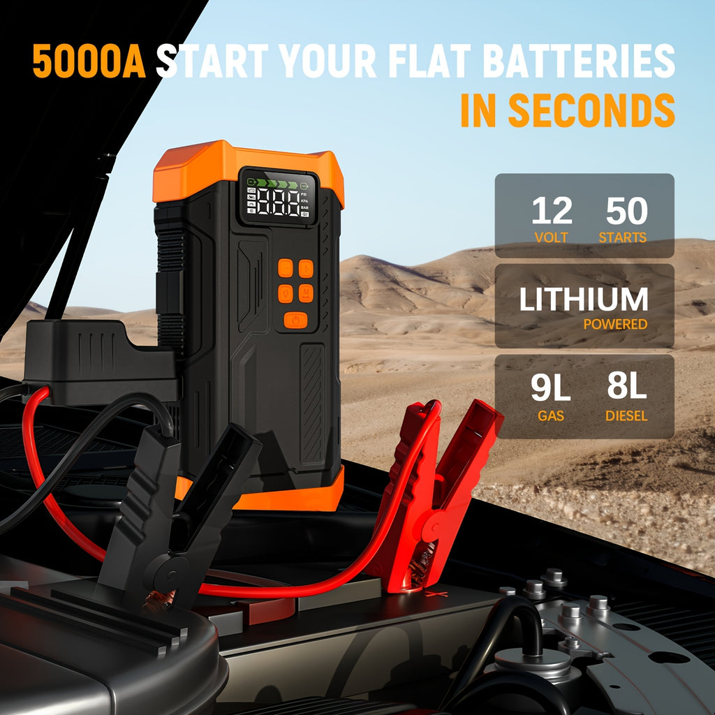 HPBS 5000A Portable Car Jump Starter with Air Compressor- 12V Battery Booster with 150 PSI Tire Inflator Air Pump for 12V Vehicles(Up to 2.11gal Gas And 1.72gal Diesel Engines), Car Jump Box with LED Light, Fast Charging USB