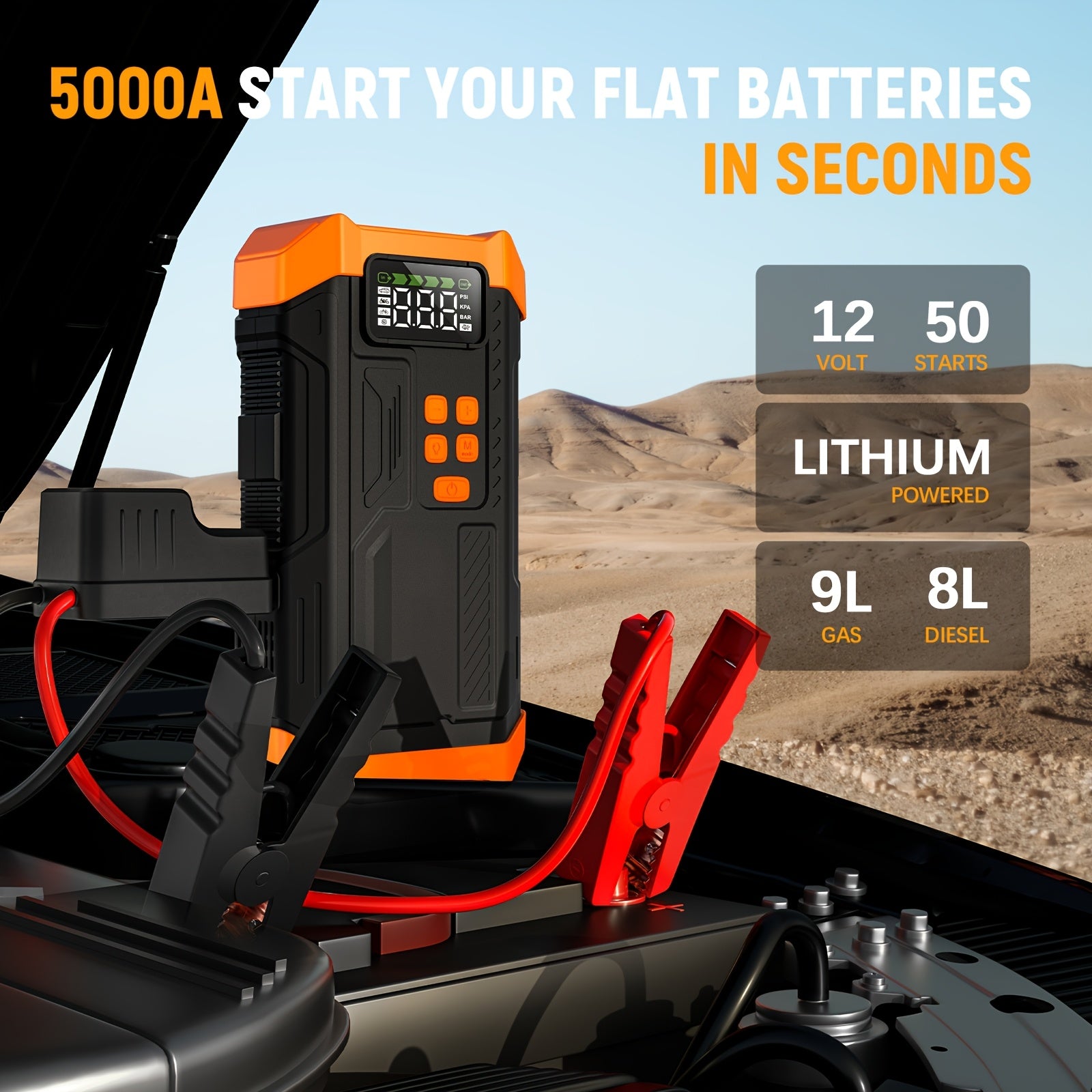 HPBS 5000A Portable Car Jump Starter with Air Compressor- 12V Battery Booster with 150 PSI Tire Inflator Air Pump for 12V Vehicles(Up to 2.11gal Gas And 1.72gal Diesel Engines), Car Jump Box with LED Light, Fast Charging USB
