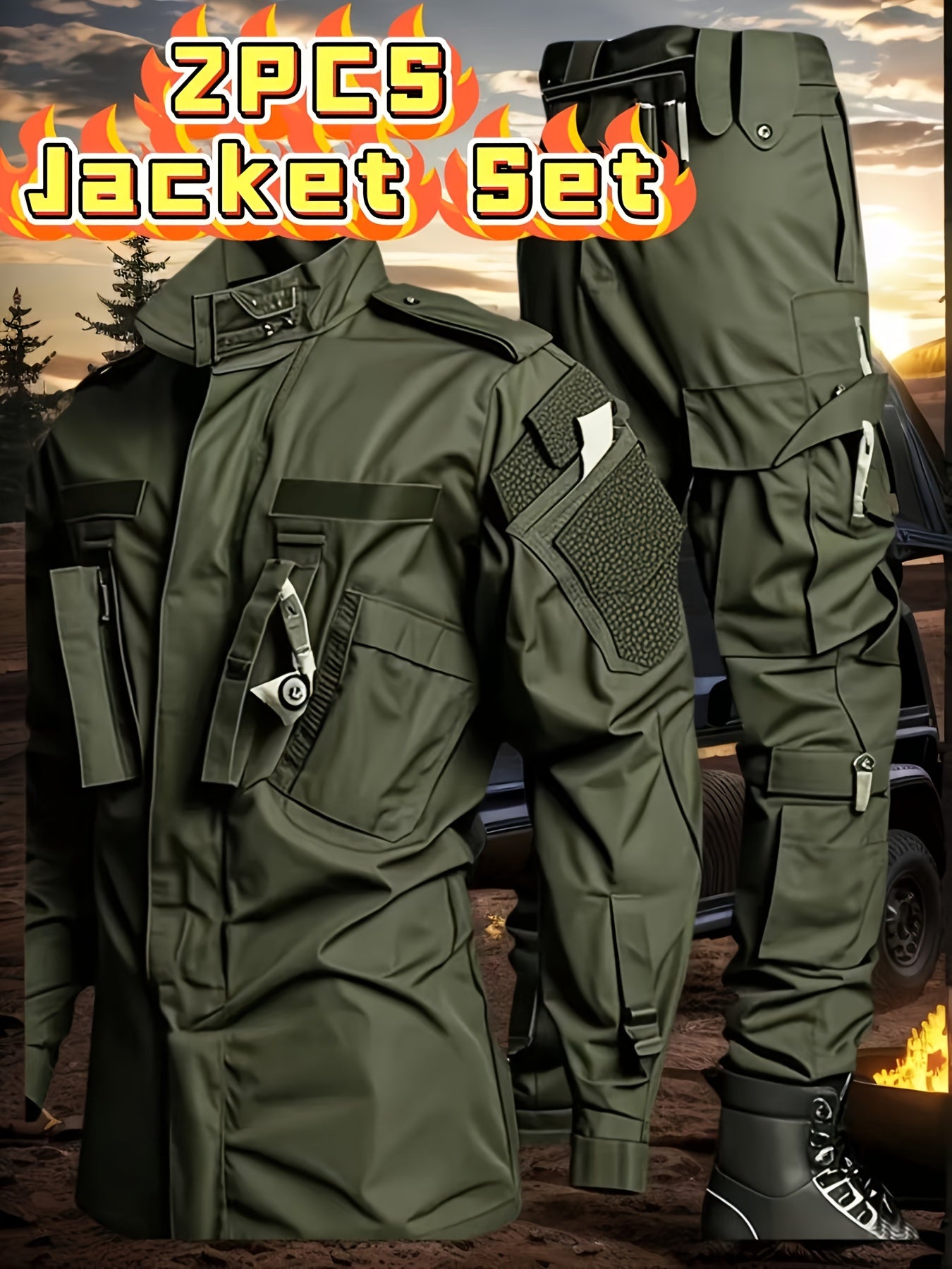 2-Pack Men'S Tactical Cargo Pants & Outdoor Jacket Set - Durable, Lightweight Ripstop Fabric, Slim Fit with Multiple Pockets for Hunting, Training, Hiking, Camping - All-Season Comfort, Hunting Gear, Camping Attire, Sporty St