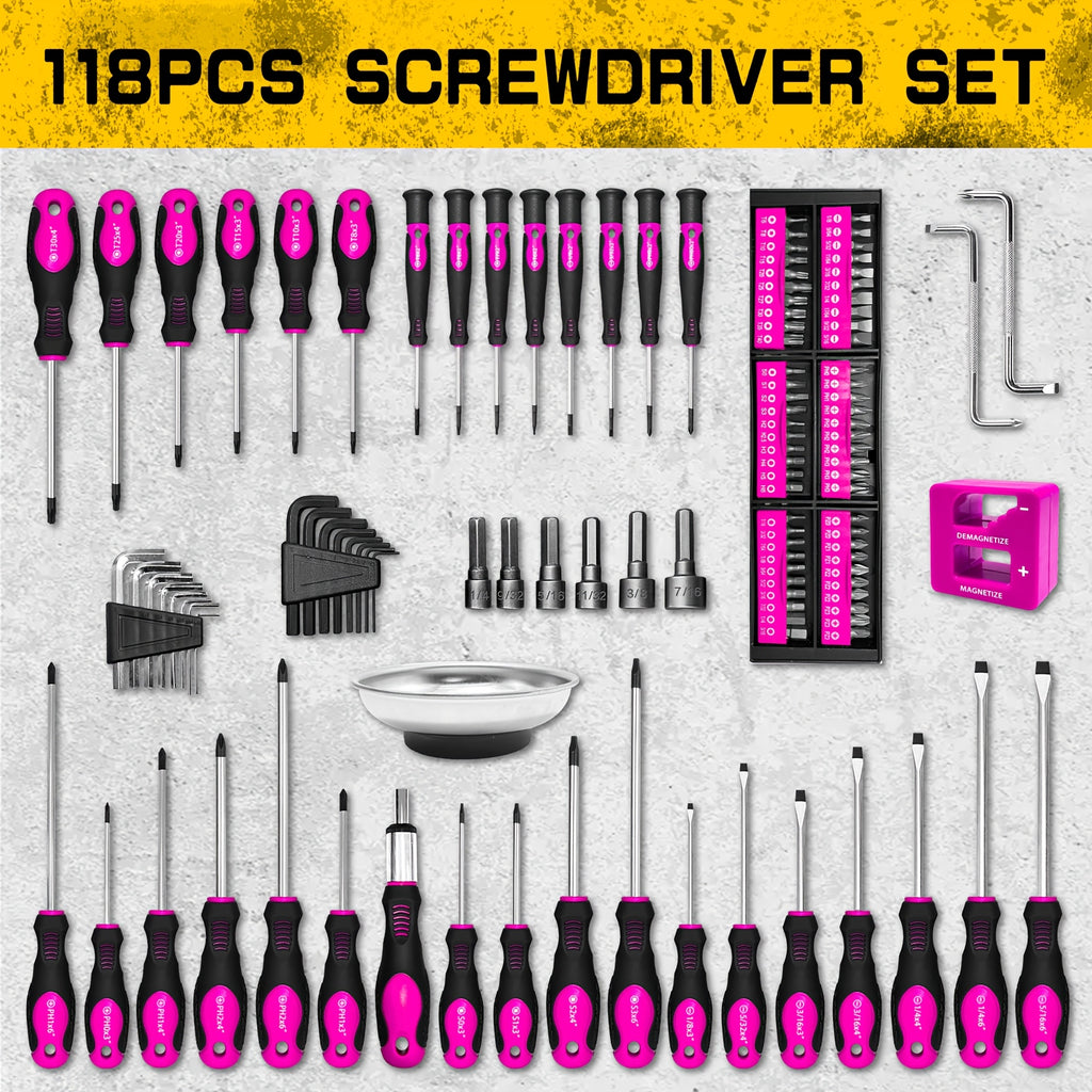 118pcs Magnetic Screwdriver Set with Plastic Rack And Magnetic Tool Bowl, Chrome Vanadium Steel, Multi-size for Electronics And Precision Work, Non-Slip Rubber Handles, Durable Metal Construction (Rose Red)
