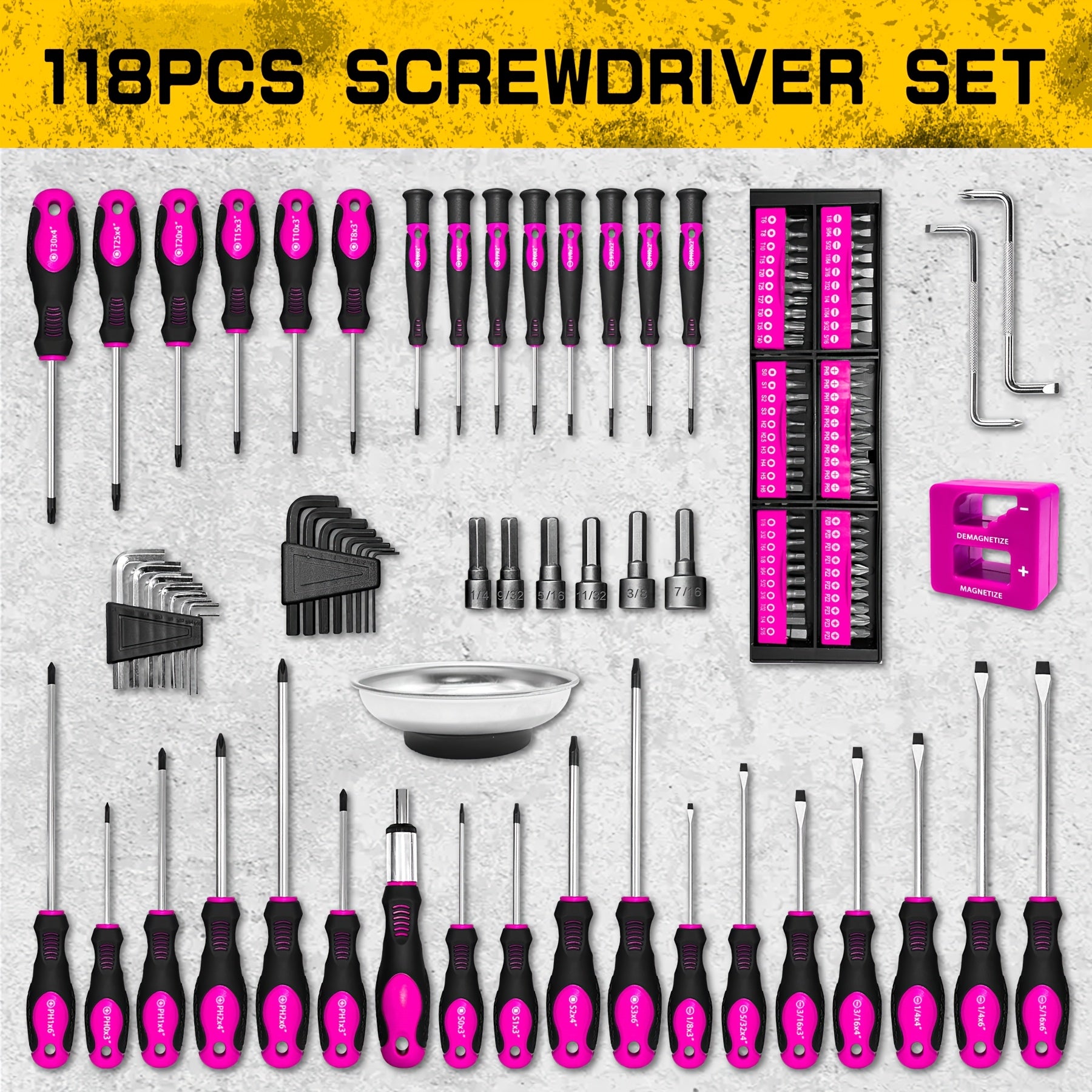 118pcs Magnetic Screwdriver Set with Plastic Rack And Magnetic Tool Bowl, Chrome Vanadium Steel, Multi-size for Electronics And Precision Work, Non-Slip Rubber Handles, Durable Metal Construction (Rose Red)