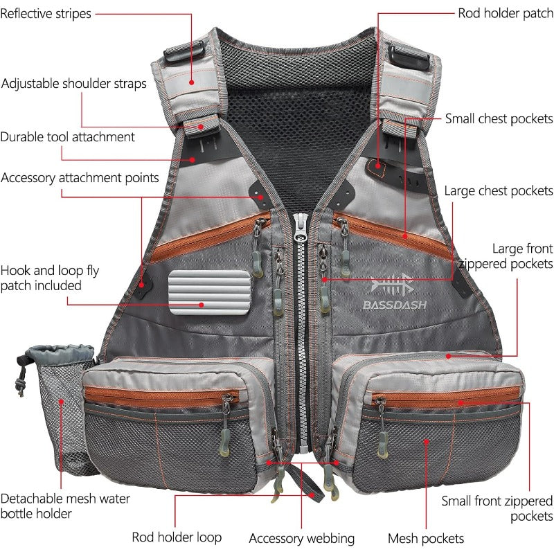 Men's & Women's Heavy-Duty Fly Fishing Vest with 18-Pocket System, Hydration Compatible, Adjustable Padded Back & Waist Straps, Rod Holder & Net Slot - Lightweight Mesh for Trout, Salmon, Pike, Bass (Grey/Green/Tan) - Fly Ves