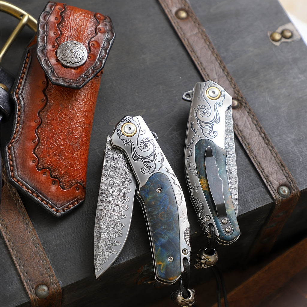 High Quality Men'S Folding Pocket Knife, 3.6 Inch Damascus Steel Folding Knife With Cowhide Sheath, Sea Wave Engraving Pattern, Stabilized Wood Handle With Pocket Clip, Suitable For Camping And Hiking, EDC Expedition Fishing