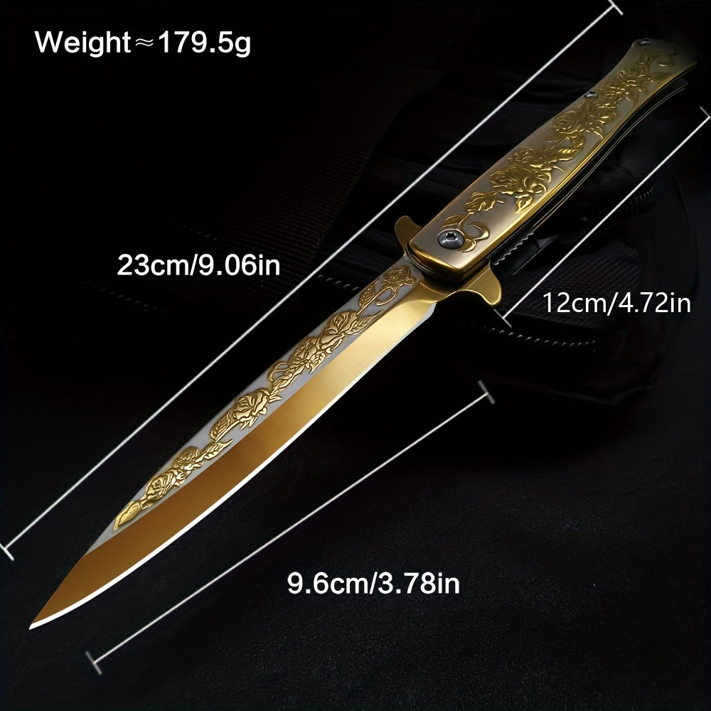 Taumas Golden-Tone Pocket Knife with Rose Engraving, Foldable Design & Back Clip - Perfect Gift for Men