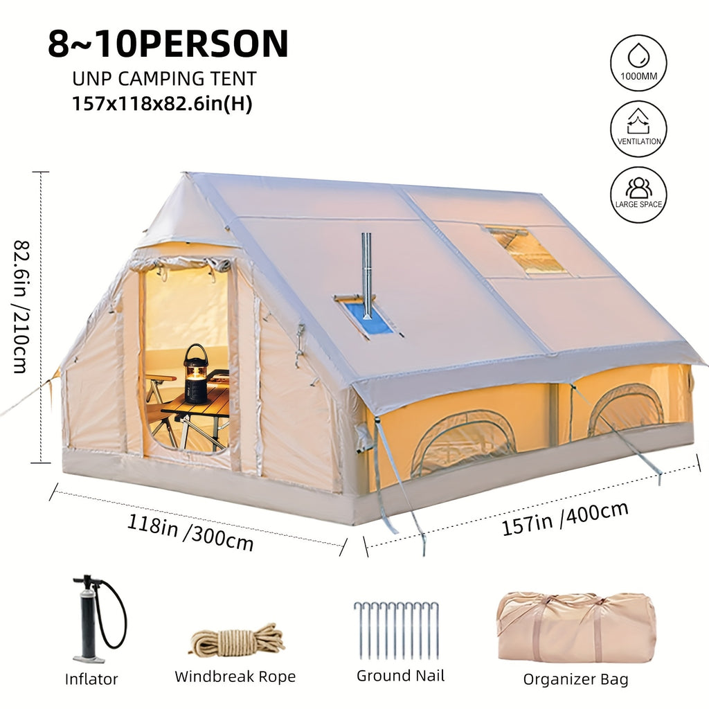 8-10 Person Inflatable Camping Tents, 129 SqFt Large Air Tent, Winter Blow Up Tent with Stove Pipe Port, 4-Season Glamping Tent with Large Mesh Windows& Zipper Closure, for Couples, Group And Family