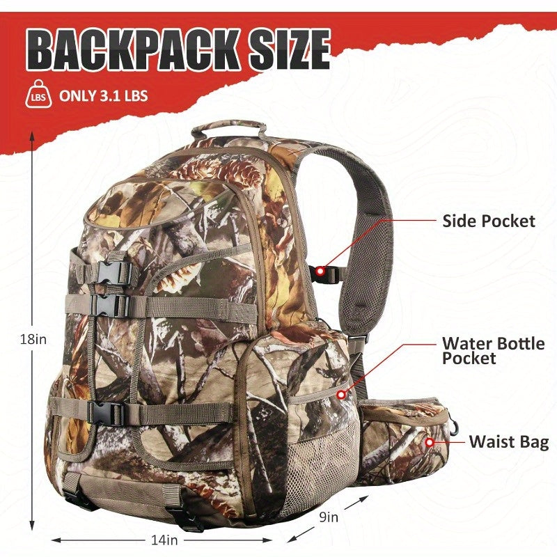 6.6gal Hunting Backpack with Waterproof Rain Cover Large Capacity Day Pack with Holder Men Women Deer Hunting Gear Hunting Accessories Camo PineCones