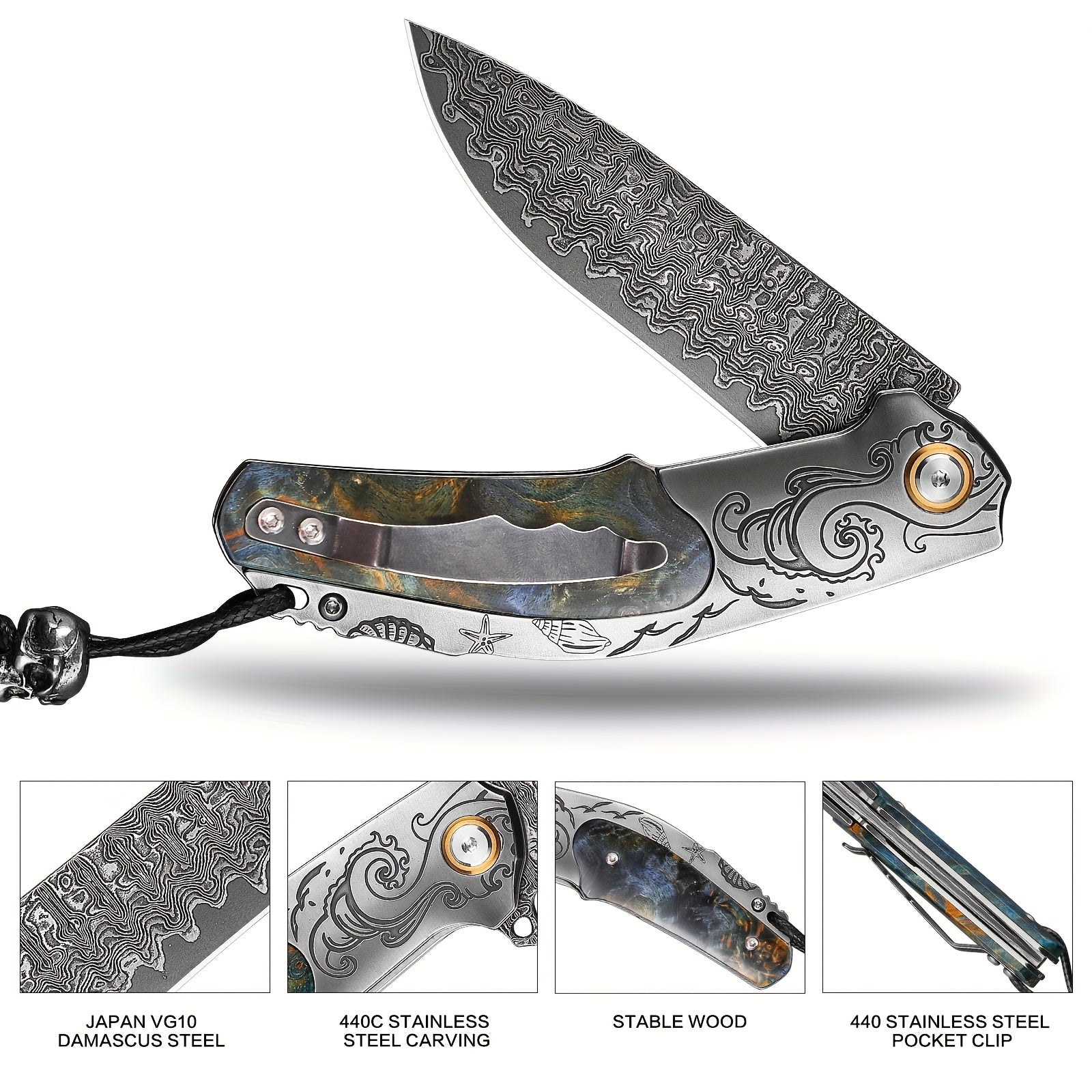 High Quality Men'S Folding Pocket Knife, 3.6 Inch Damascus Steel Folding Knife With Cowhide Sheath, Sea Wave Engraving Pattern, Stabilized Wood Handle With Pocket Clip, Suitable For Camping And Hiking, EDC Expedition Fishing