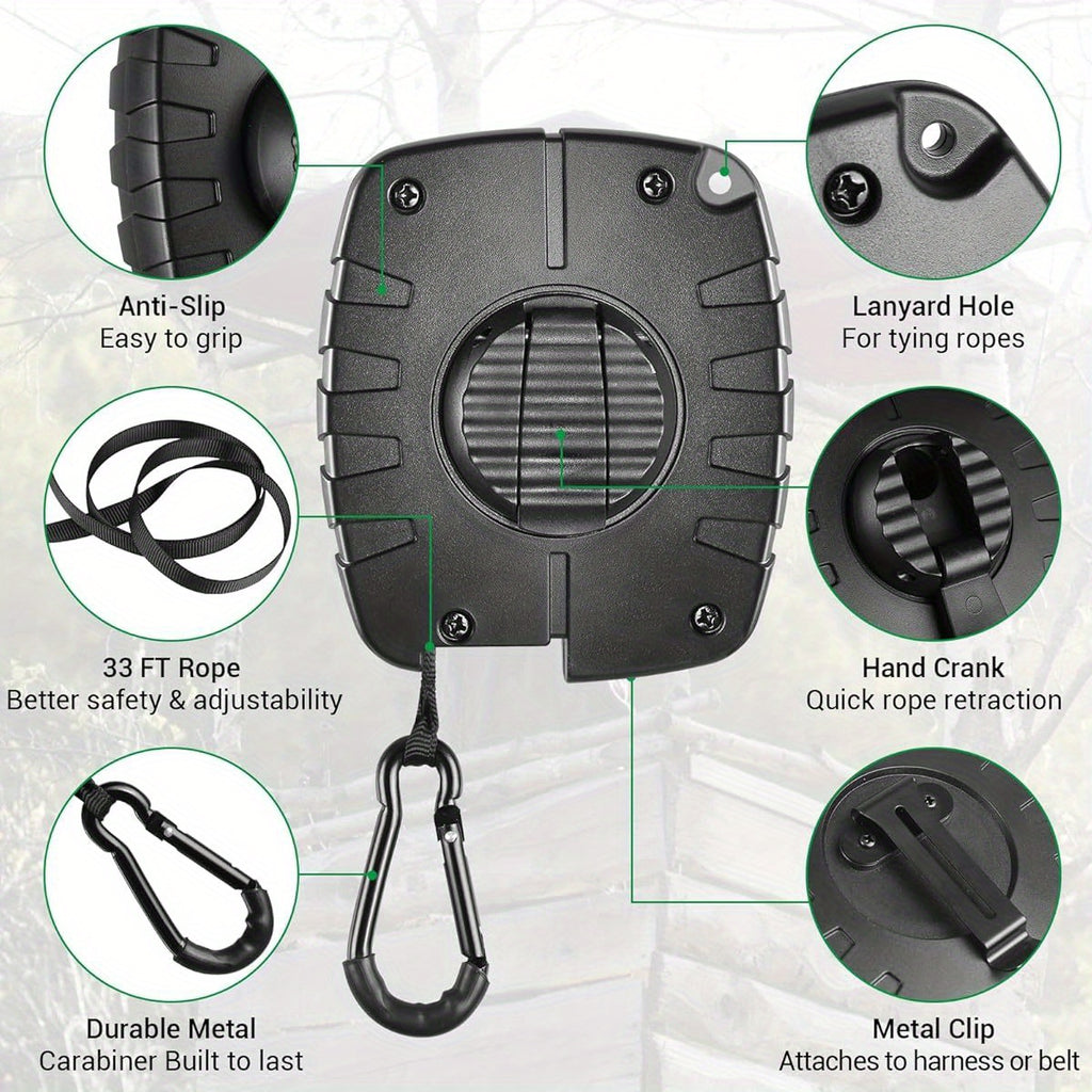 FUNANASUN 33ft Heavy-Duty Retractable Bow Hoist with 66lb Load Capacity - Ergonomic Handle, Secure Carabiner & Quick-Release Rope for Bow Hunting, Tree Stand, Archery, Deer Hunting Accessories, Bow Hunting Gear, Sleek Metalli