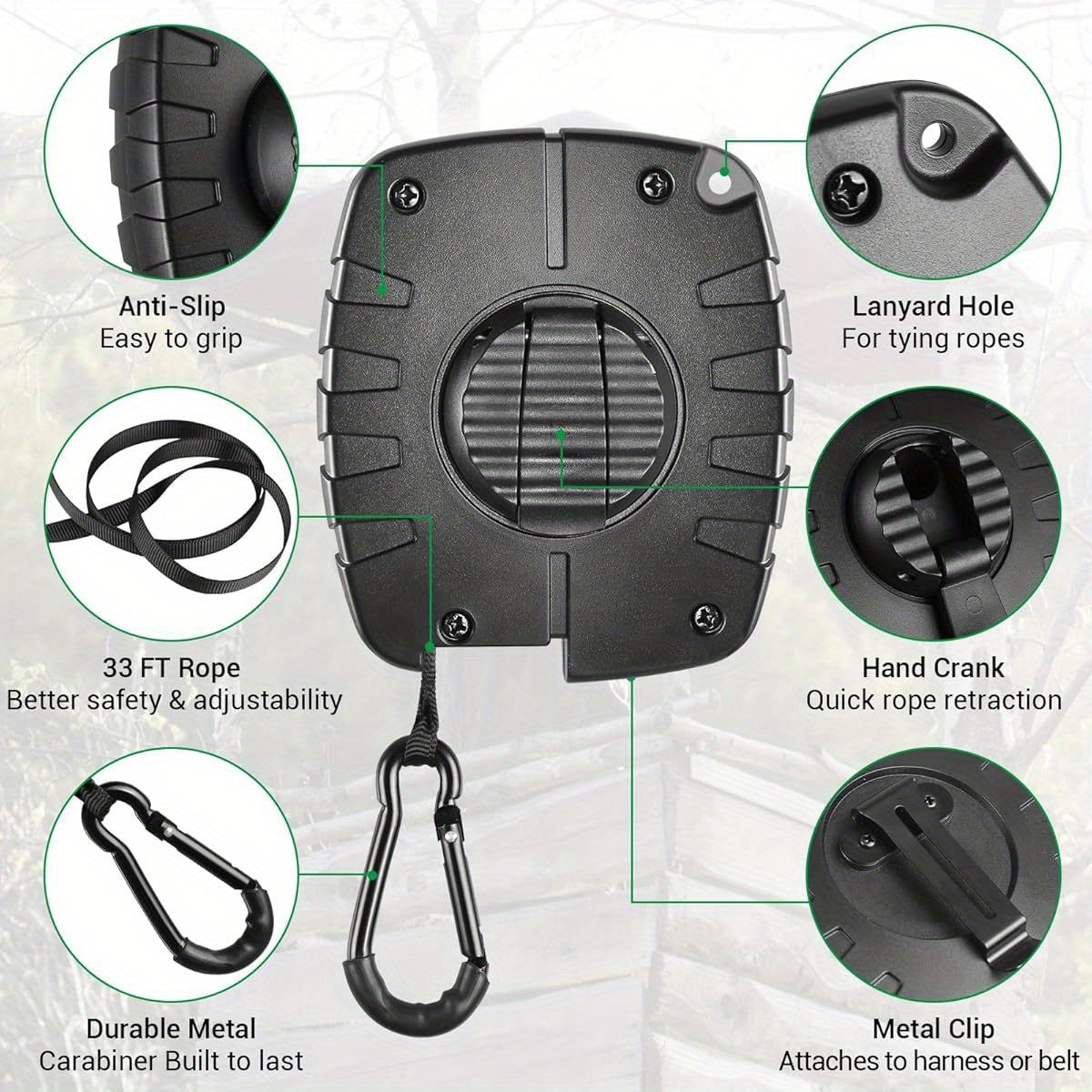 FUNANASUN 33ft Heavy-Duty Retractable Bow Hoist with 66lb Load Capacity - Ergonomic Handle, Secure Carabiner & Quick-Release Rope for Bow Hunting, Tree Stand, Archery, Deer Hunting Accessories, Bow Hunting Gear, Sleek Metalli