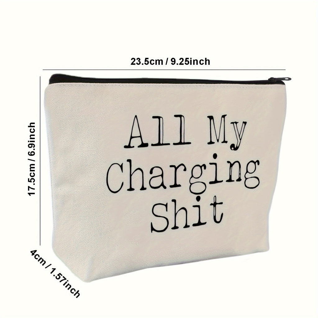 Funny 'All My Charging Sh*t' Canvas Zipper Pouch - Cord Organizer for Electronics & Phones, Non-Waterproof