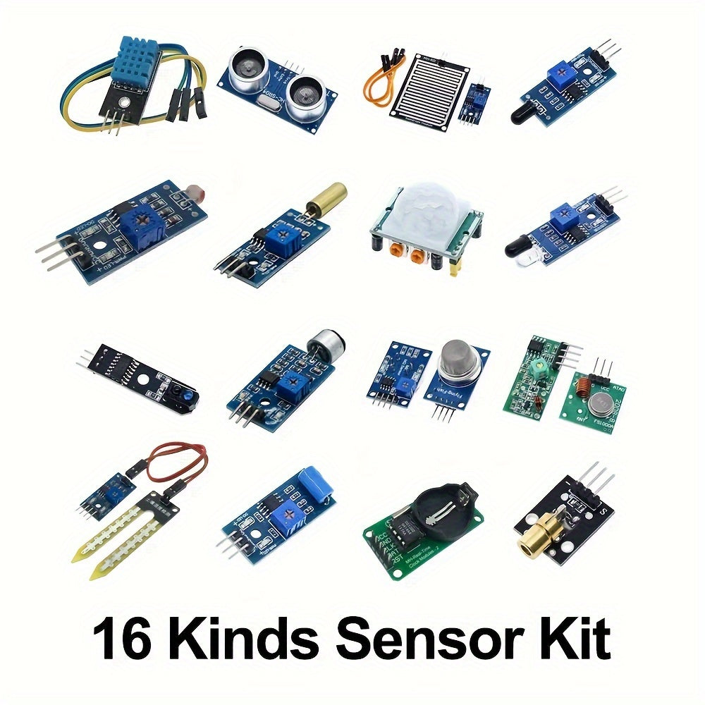 16-in-1 Sensor Module Kit for Raspberry Pi and Arduino, Including Ultrasonic, Temperature, Humidity, and Infrared Modules for DIY Robotics and Electronics Projects - Silicone, ≤36V Operating Voltage, No Battery Required