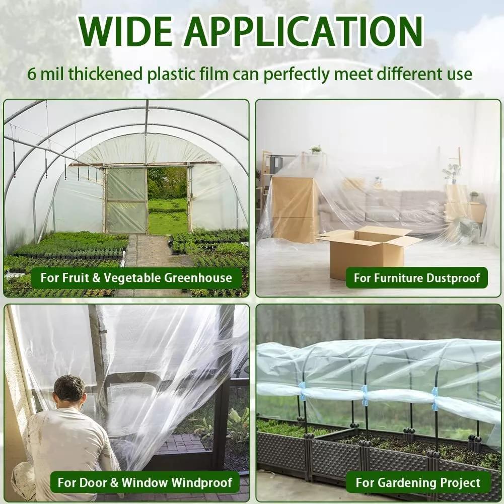 6 mil Greenhouse Plastic Film Sheeting Cover Large Size 100ft 50ft 40ft Length Available UV Resistant Clear Polyethylene Film Green House Hoop Farm Plastic Cover for Gardening Farming Agriculture