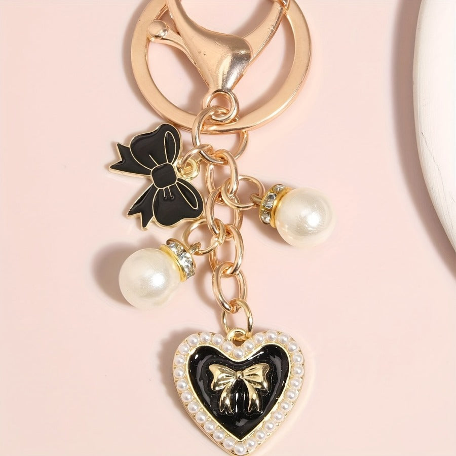 Y2K Butterfly Keychain with, Faux Pearls & Crystal Heart Charm - Golden-Tone Lobster Clasp Key Ring for Bags, Backpacks, Car Accessories, Bag Charm, Heart And Bow Design, Decorative Charms