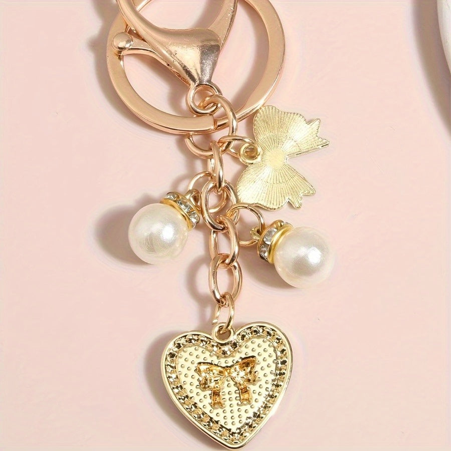 Y2K Butterfly Keychain with, Faux Pearls & Crystal Heart Charm - Golden-Tone Lobster Clasp Key Ring for Bags, Backpacks, Car Accessories, Bag Charm, Heart And Bow Design, Decorative Charms