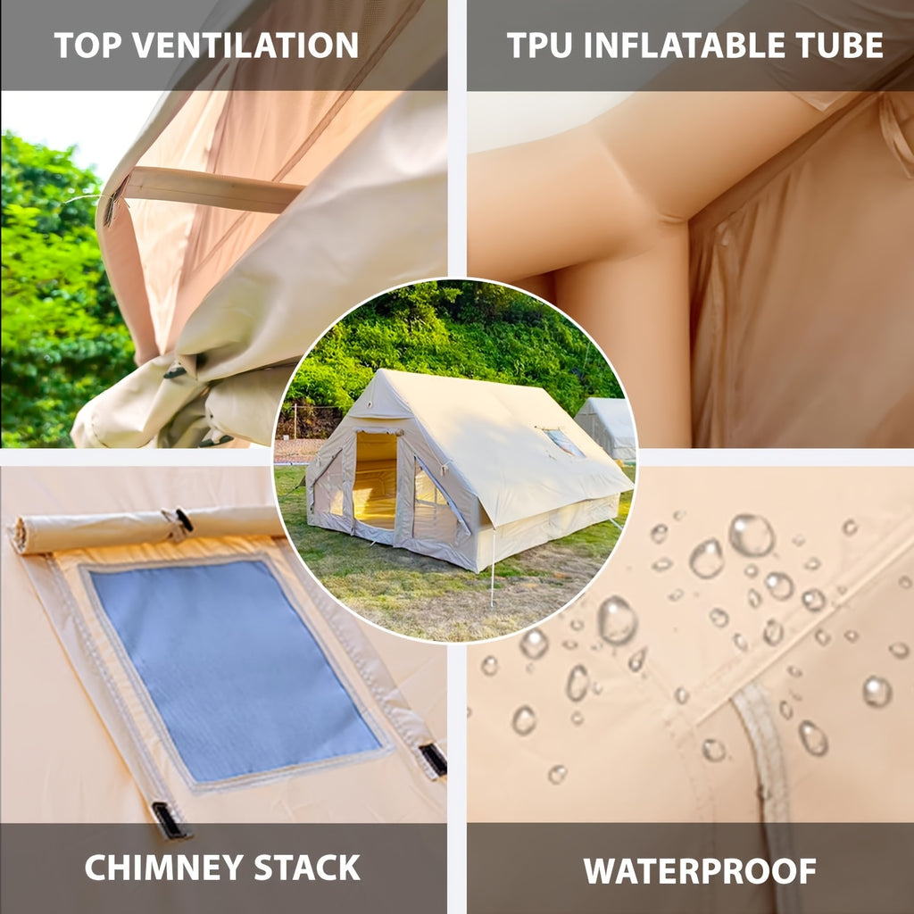 8-10 Person Inflatable Camping Tents, 129 SqFt Large Air Tent, Winter Blow Up Tent with Stove Pipe Port, 4-Season Glamping Tent with Large Mesh Windows& Zipper Closure, for Couples, Group And Family