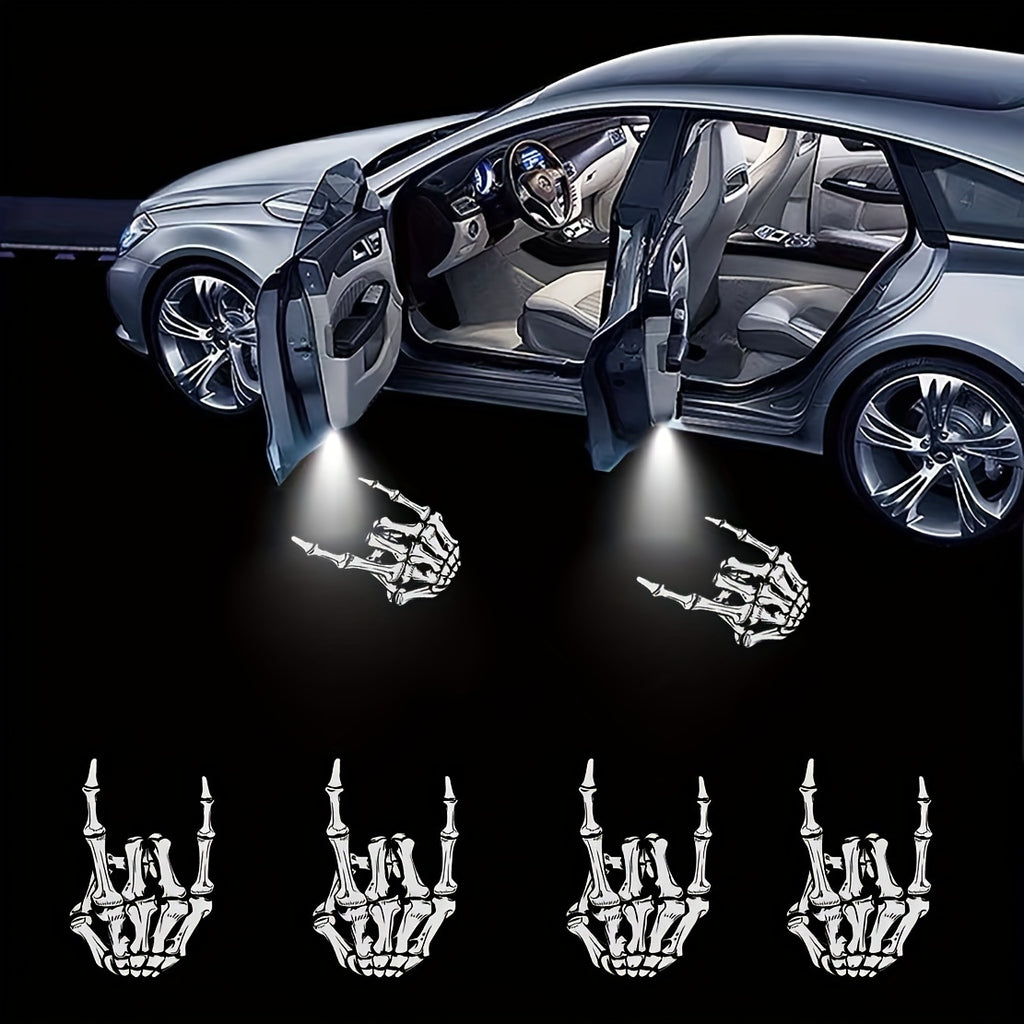 Arm Skull Finger Pattern Car Door Welcome Projector LED Shadow Light, Arm Skull Finger Car Accessories, Arm Skull Finger Gifts, Skull Skeleton Bone Middle Finger, Car Welcome Lights, Christmas Car Decoration, Suitable for All