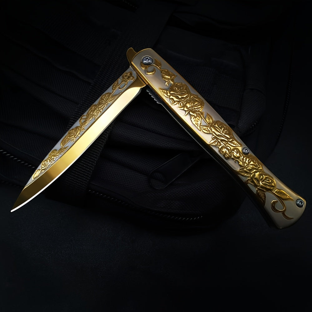 Taumas Golden-Tone Pocket Knife with Rose Engraving, Foldable Design & Back Clip - Perfect Gift for Men