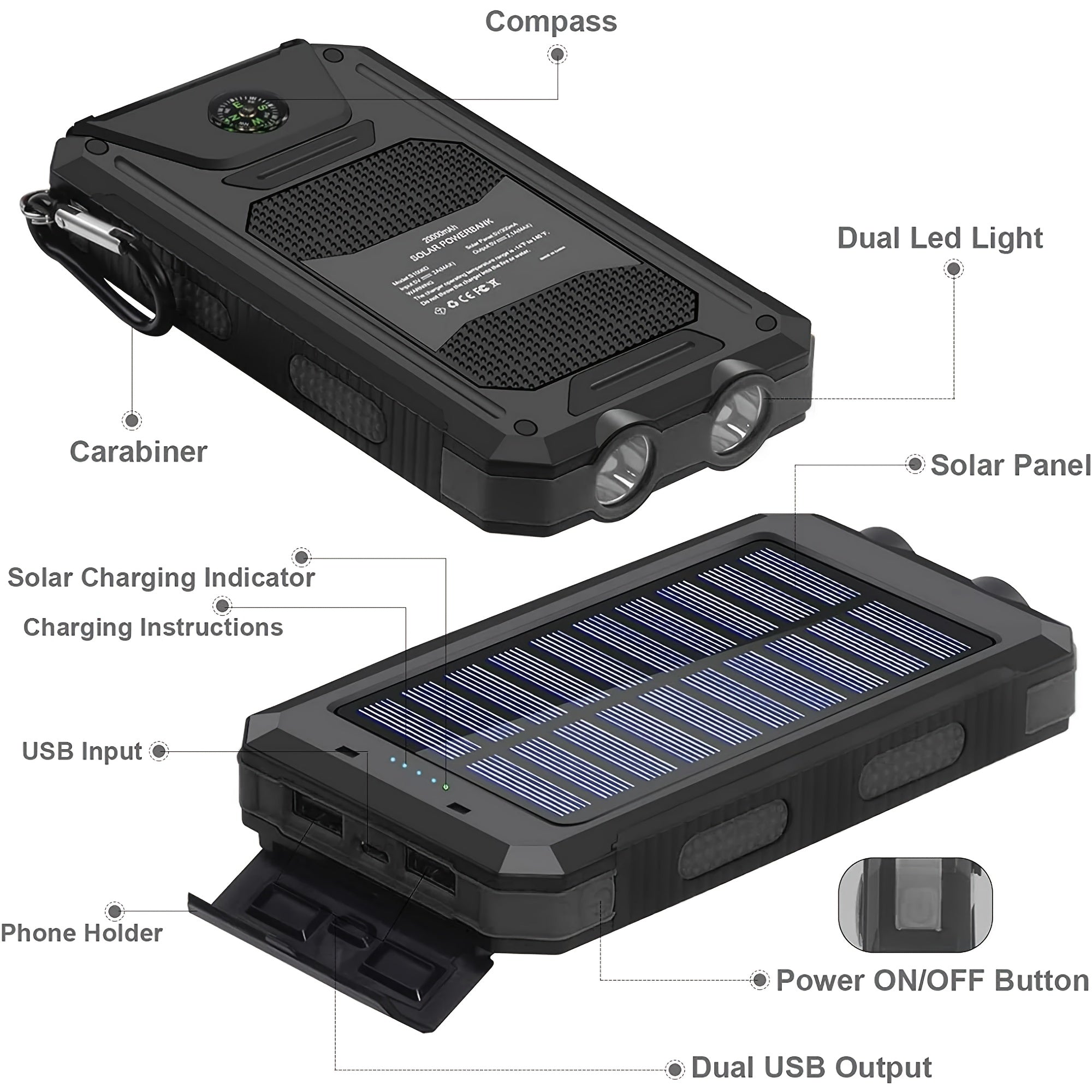 10000mAh/20000mAh Solar Powered Power Bank with Flashlight/USB/Type-C/Micro Interface/compass for Mobile Digital Electronics Devices, Durable and Long-lasting, Travel Camping, LED Flashlight, Hiking Buckle. The Best Gift for
