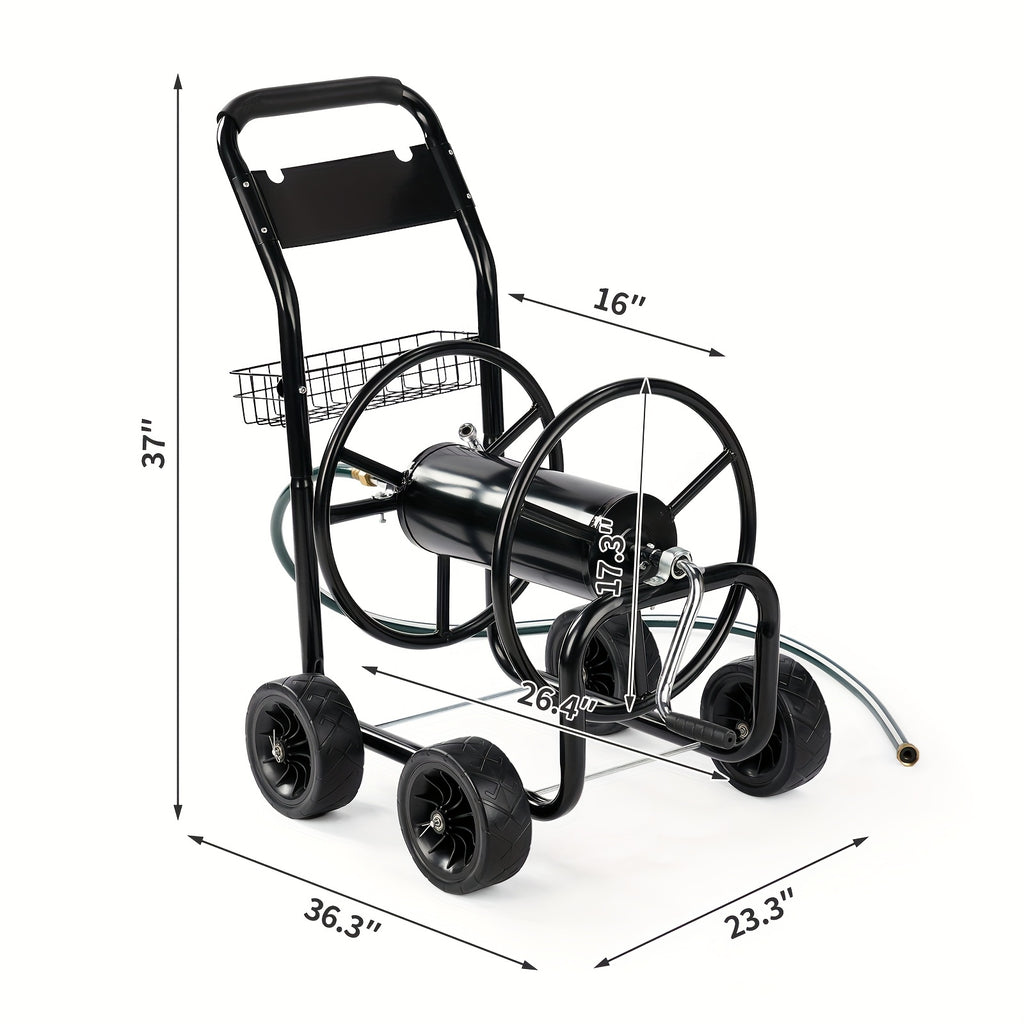 Bonnlo Hose Reel Cart, 4-Wheel Portable, Residential and Durable, Hose Guide System with Storage Basket, Rust Resistant, for Yard, Garden and Farm, Green