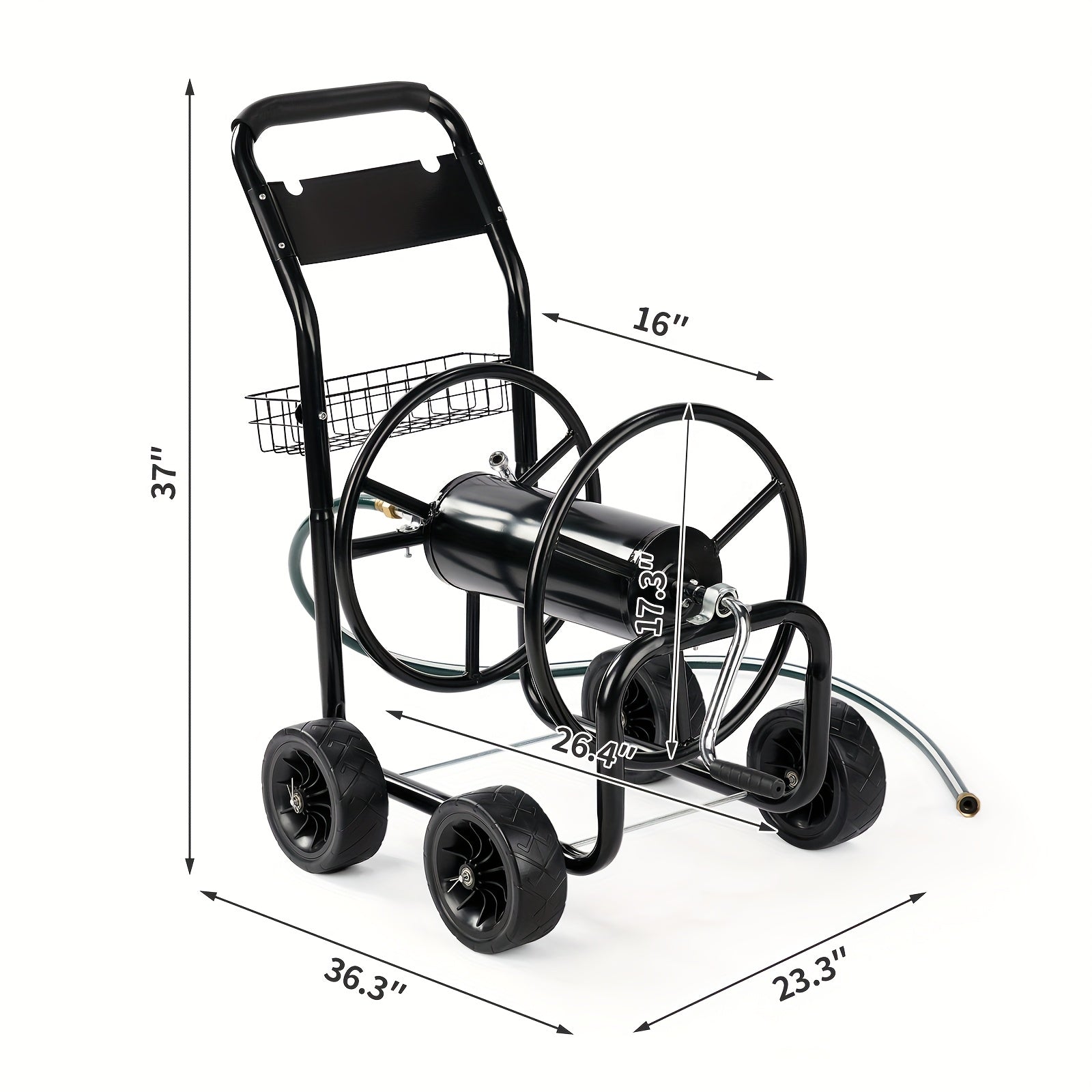 Bonnlo Hose Reel Cart, 4-Wheel Portable, Residential and Durable, Hose Guide System with Storage Basket, Rust Resistant, for Yard, Garden and Farm, Green