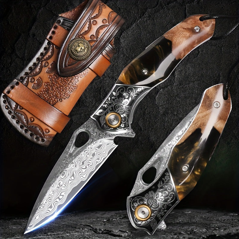 Elite Damascus Steel Pocket Knife - High-Carbon, Razor-Sharp, Ergonomic Maple Handle, Premium Sheath, Ultimate Camping, Survival, Mountaineering, Hiking, Fishing, EDC Companion for Men and Women