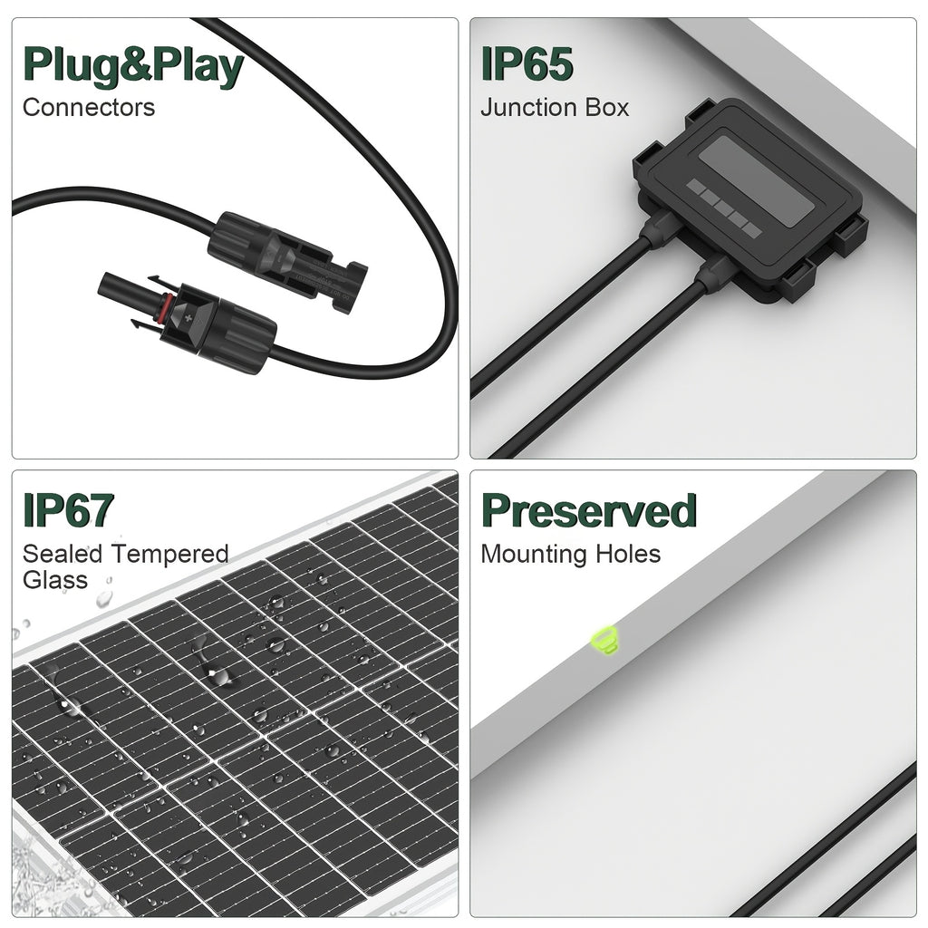 100 Watt Solar Panels 12 Volt Monocrystalline Technology 12BB Cell High-Efficiency PV Module Power Charger Ideal For RV Battery Marine Rooftop Farm Home Camping Caravan Off-Grid System
