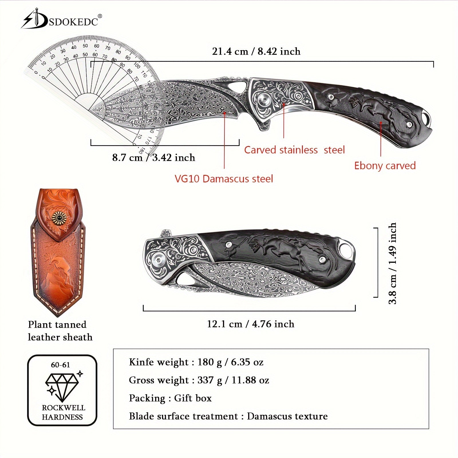 Knives Flipper Folding Damascus Steel Pocket Knife For Men With Leather Cover Outdoor Camping Survival Gear
