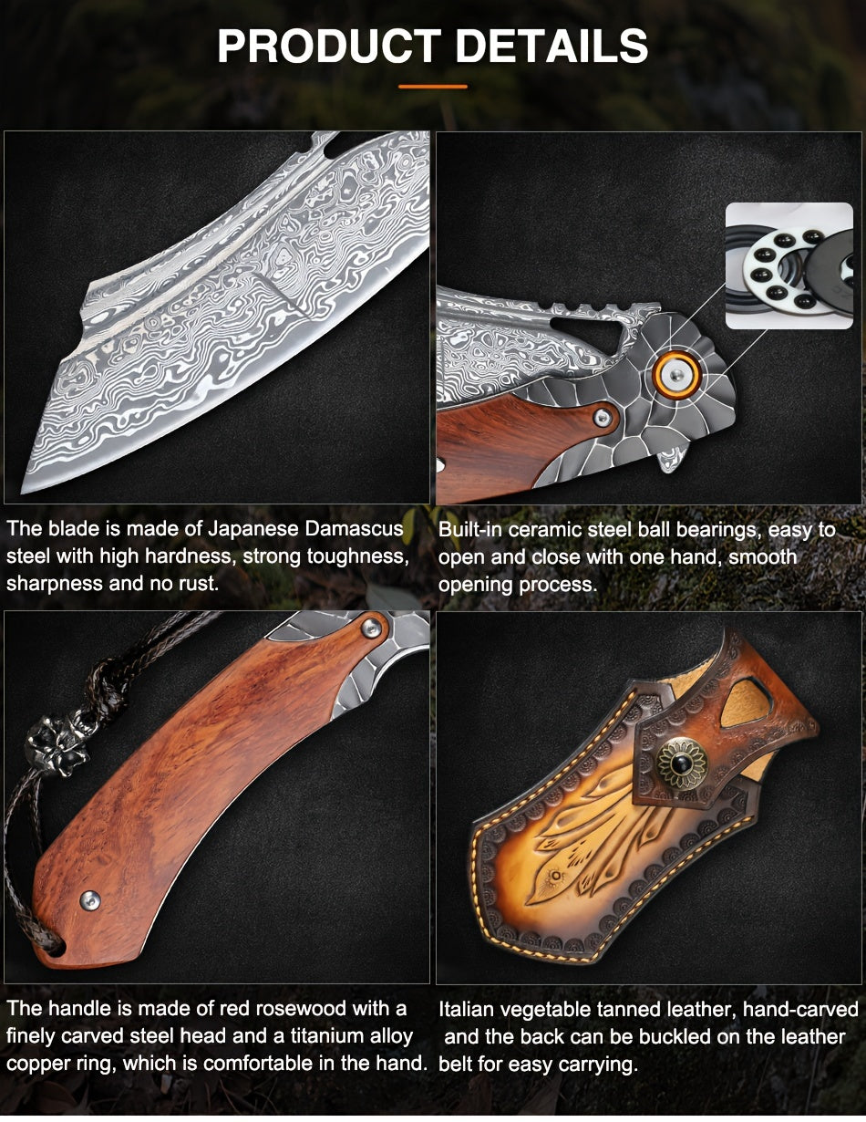1PC High Quality Handmade Damascus Steel Folding Pocket Knife With Leather Sheath, Pocket Back Clip, Rosewood Handle, Men's EDC Pocket Knife, Outdoor Camping, Mountaineering Adventure, Traveling Fishing Tool Knife