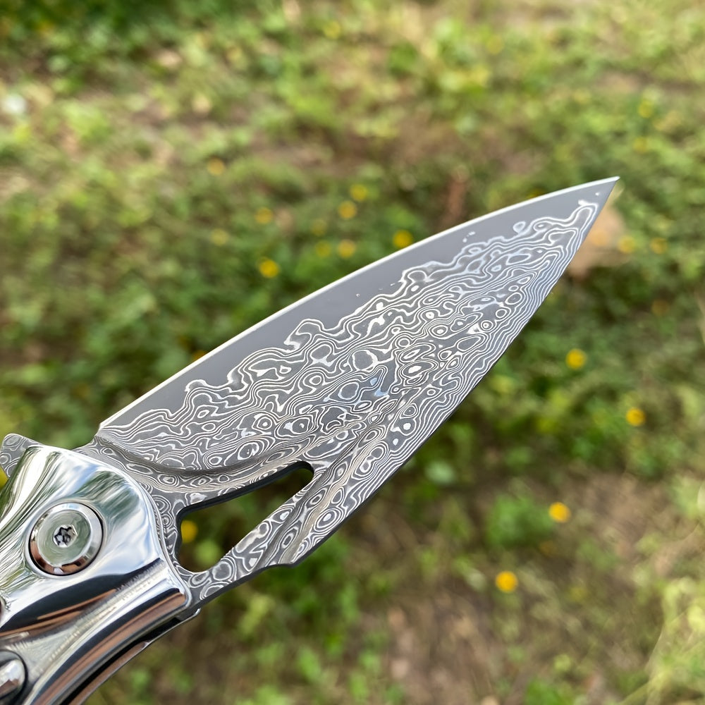 1 Piece, Damascus Steel Folding Pocket Knife, Premium Quality High Hardness Knife With Leather Sheath, Stabilized Cured Wood Handle, EDC Camping And Fishing Knife, Great For Adventure, Outdoor Hiking Tools, Men's Folding Knif