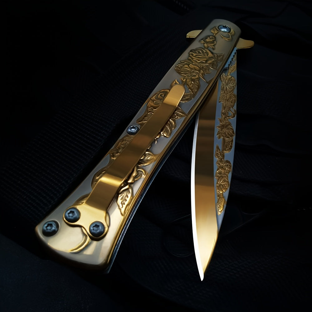 Taumas Golden-Tone Pocket Knife with Rose Engraving, Foldable Design & Back Clip - Perfect Gift for Men