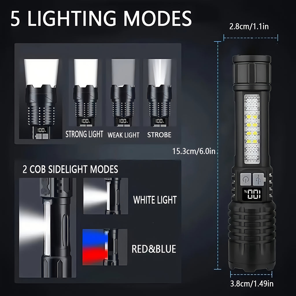2PACKS High Lumens Rechargeable LED Flashlights Ultra-Bright Flashlights 5 Modes with COB Light Tactical Accessories Zoom-able Torch Handheld Digital Display Flashlight for Outdoor Fishing Survival Hunting Camping Gear And Eq