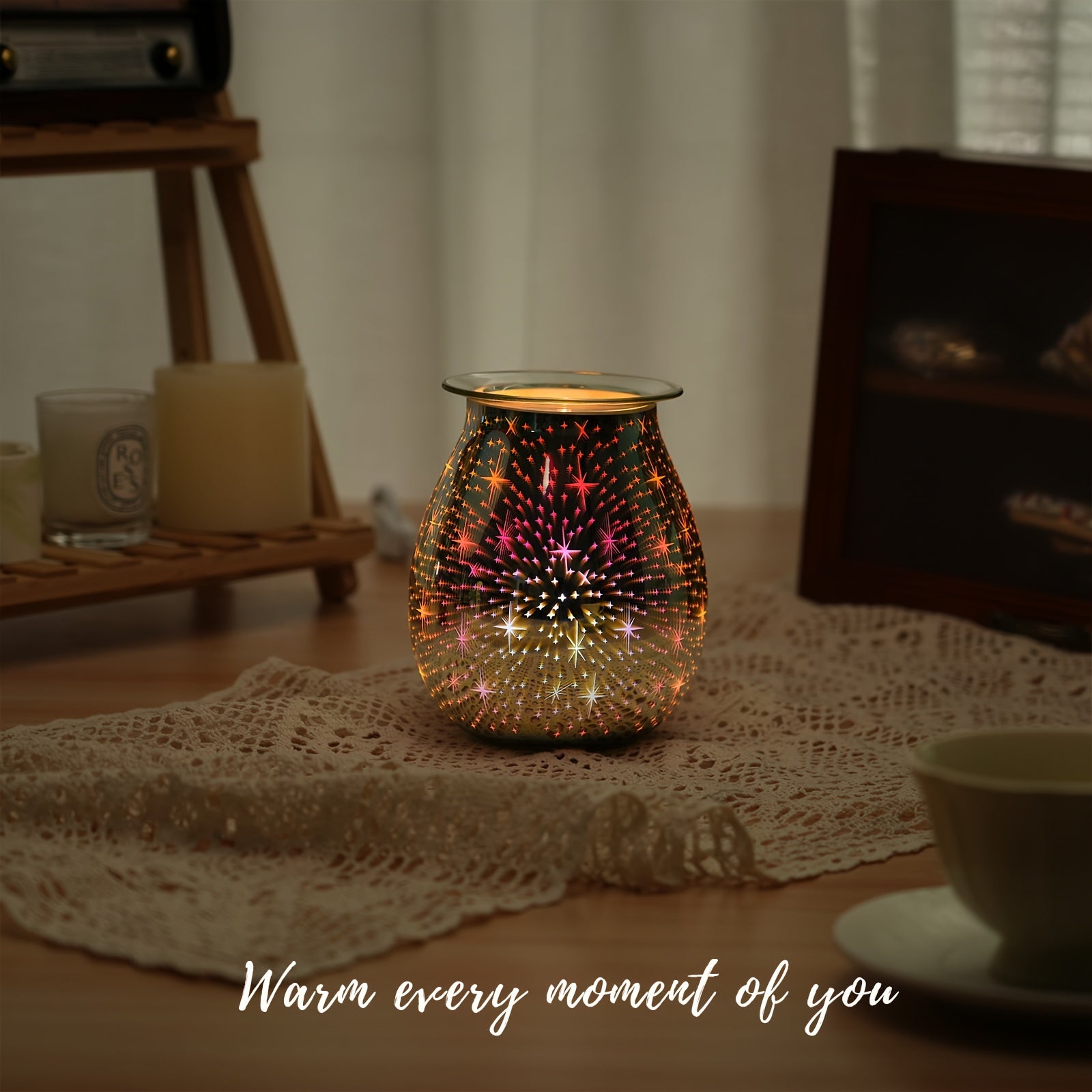 1pc Wax Warmer 3D Glass Fireworks/Starry Stars Electric Wax Melts Oil Burner Fragrance Candle Warmer with Heating Plate for Home Bedroom Office Decorations Gift