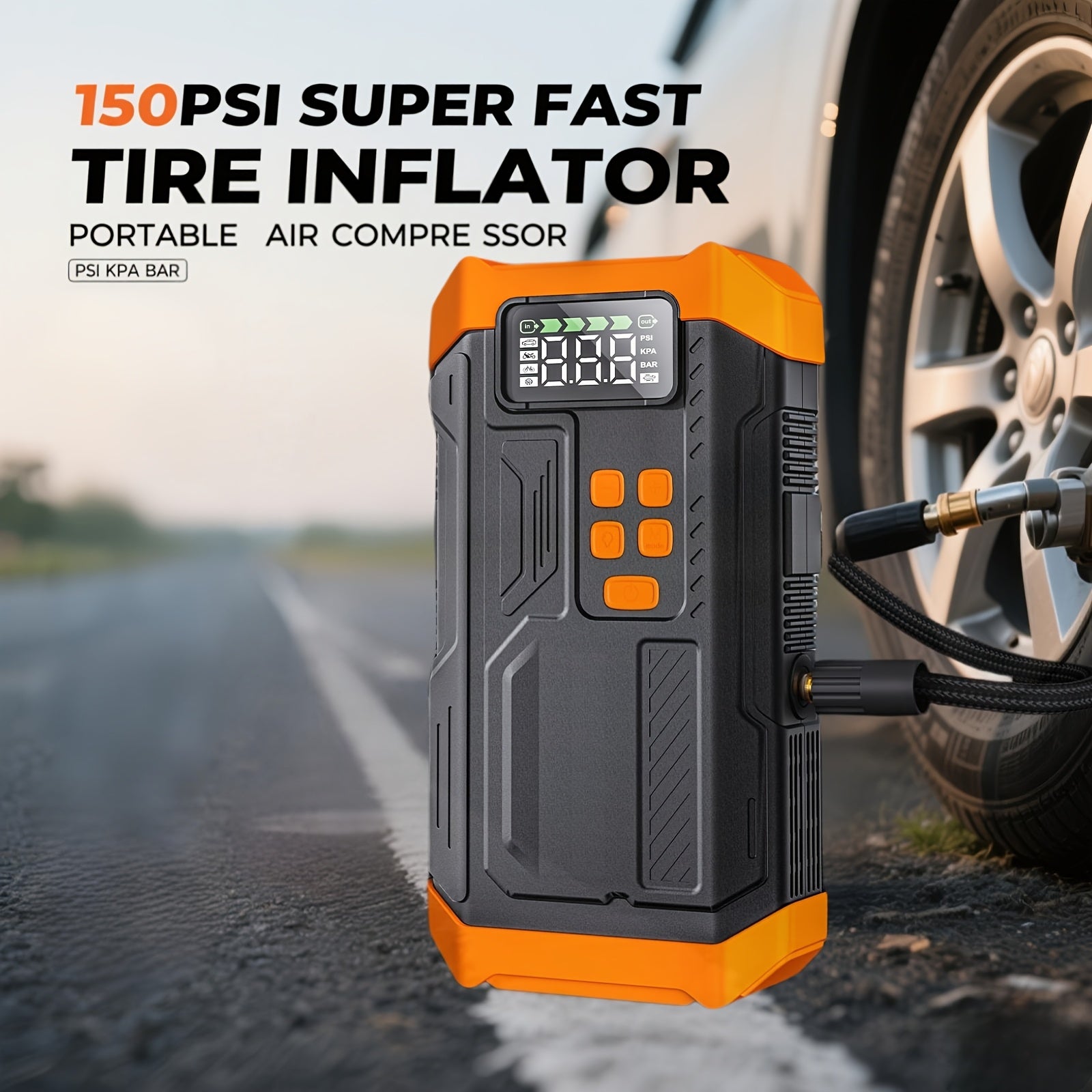 HPBS 5000A Portable Car Jump Starter with Air Compressor- 12V Battery Booster with 150 PSI Tire Inflator Air Pump for 12V Vehicles(Up to 2.11gal Gas And 1.72gal Diesel Engines), Car Jump Box with LED Light, Fast Charging USB