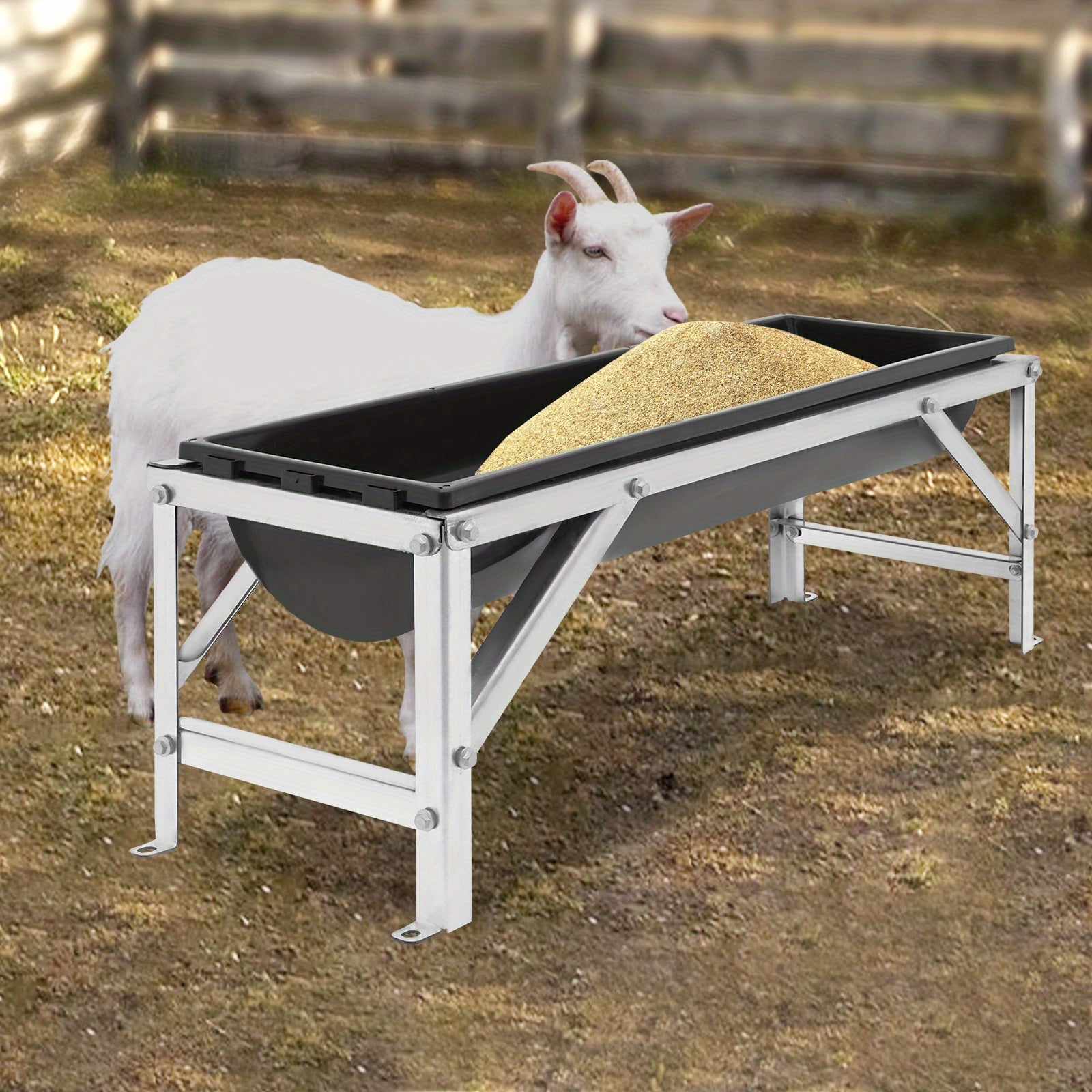 OUKANING 35L/9.25Gal Large Capacity Horse Feeder Water Trough with Stand - Durable Metal Frame, Easy-Clean Design for Calfes, Sheep, Horses, Alpacas & Goats - Farm Livestock Feeding & Hydration, Horse Feeder, Sturdy Construct