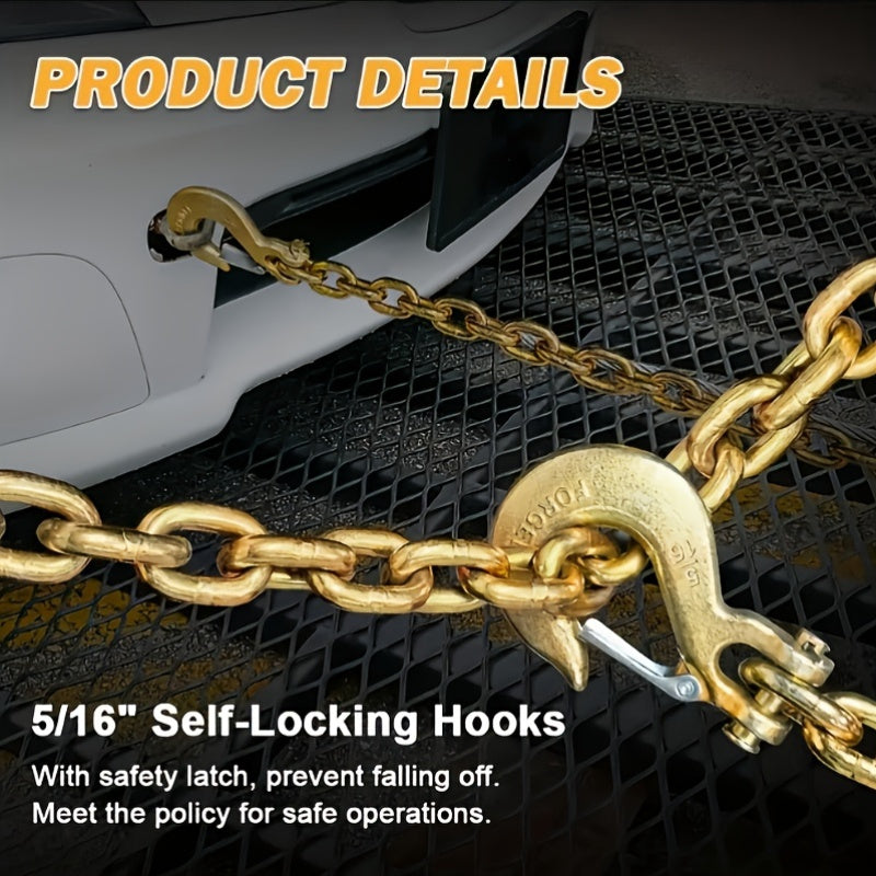 Heavy-Duty 5/16in x 6ft G80 Car Rescue J Hooks Towing Chain - Grab Hooks with 4700lbs WLL, 15in J-Hook, RTJ, Grab & Safety Hook, 5-in-1 V-Bridle Tow Chain for Truck, Farm, Motor Vehicle, Trailer Safety and Recovery