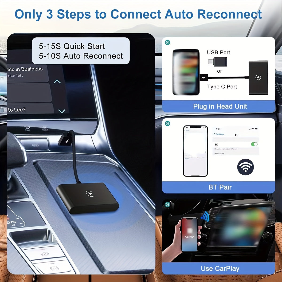 Wireless CarPlay Adapter Wired to Wireless Plug & Play - Wireless 5.0, Auto Connect, Compatible with 600+ Cars (2016+), USB-Powered for iPhone iOS 10+, Carplay Wireless Adapter, Call Management, Compact Design, Highquality El