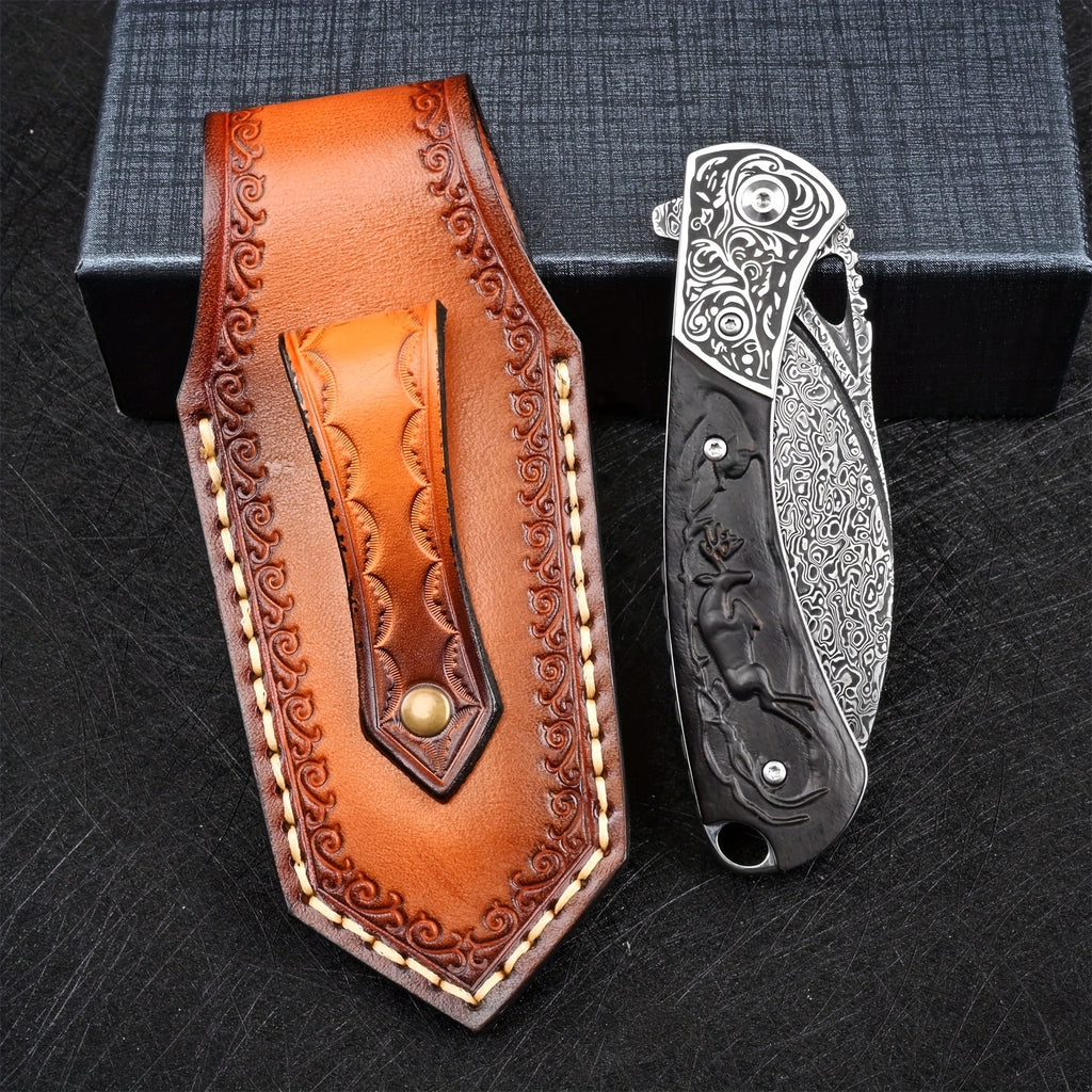 Knives Flipper Folding Damascus Steel Pocket Knife For Men With Leather Cover Outdoor Camping Survival Gear