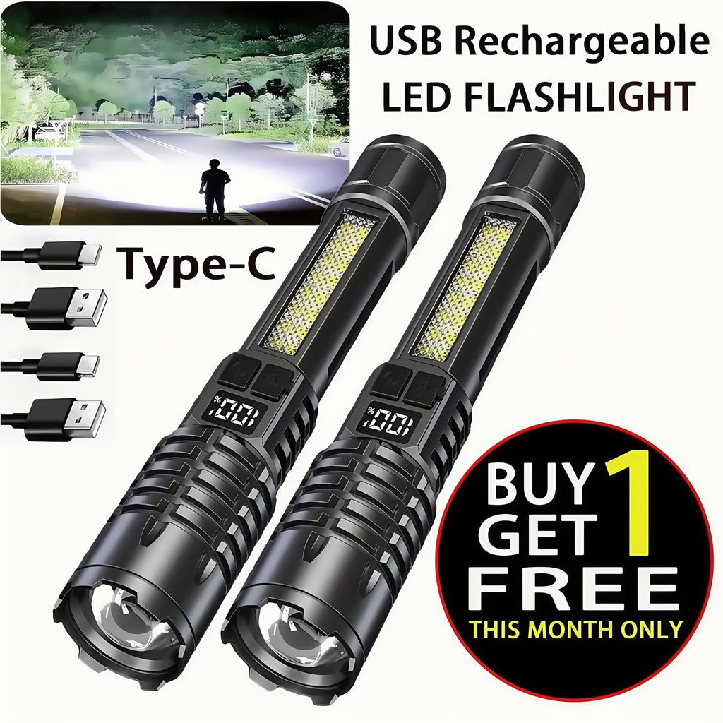 2PACKS High Lumens Rechargeable LED Flashlights Ultra-Bright Flashlights 5 Modes with COB Light Tactical Accessories Zoom-able Torch Handheld Digital Display Flashlight for Outdoor Fishing Survival Hunting Camping Gear And Eq