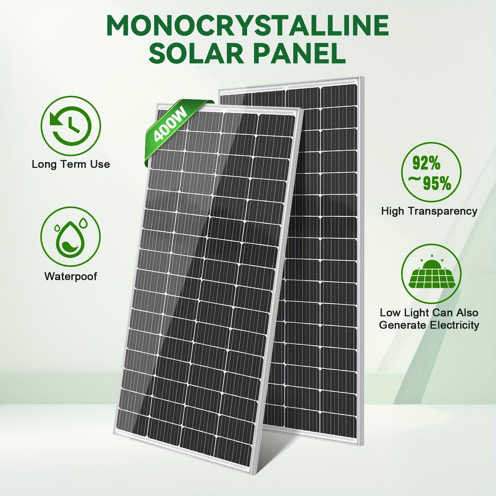 High Efficiency 25.5% 400W Monocrystalline Solar Panels - Durable Aluminum Frame & Weather-Resistant - for Rooftop, Farm, House, RVs & Off-Grid Systems - Low Light Energy Production - Long-Term Use