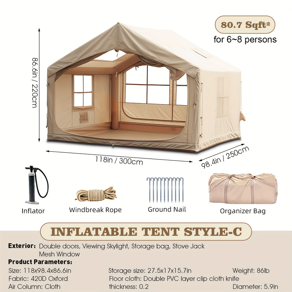 8-10 Person Inflatable Camping Tents, 129 SqFt Large Air Tent, Winter Blow Up Tent with Stove Pipe Port, 4-Season Glamping Tent with Large Mesh Windows& Zipper Closure, for Couples, Group And Family